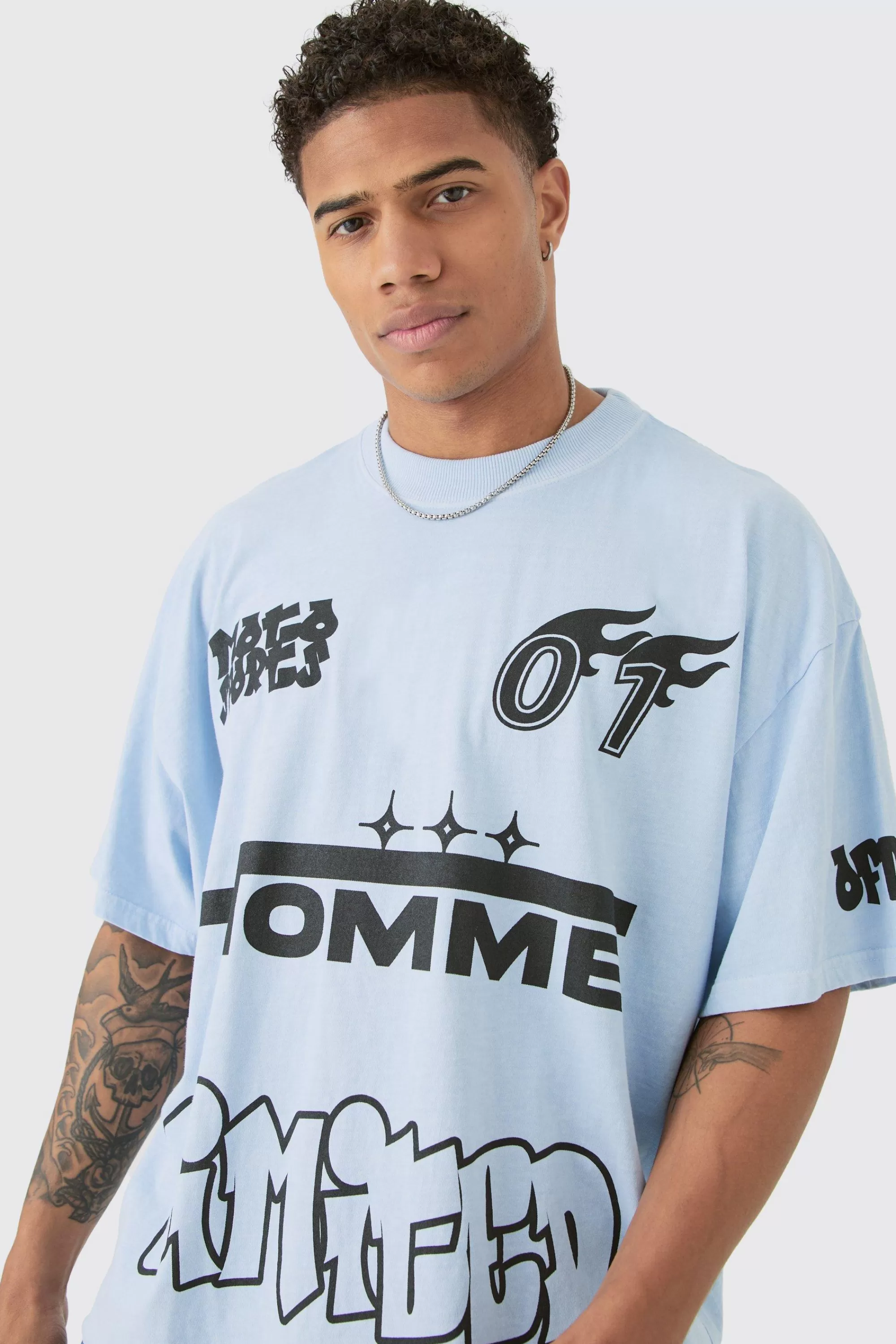 boohooMAN Oversized Boxy Homme Limited Graphic T-shirt | UK pastel blue Online