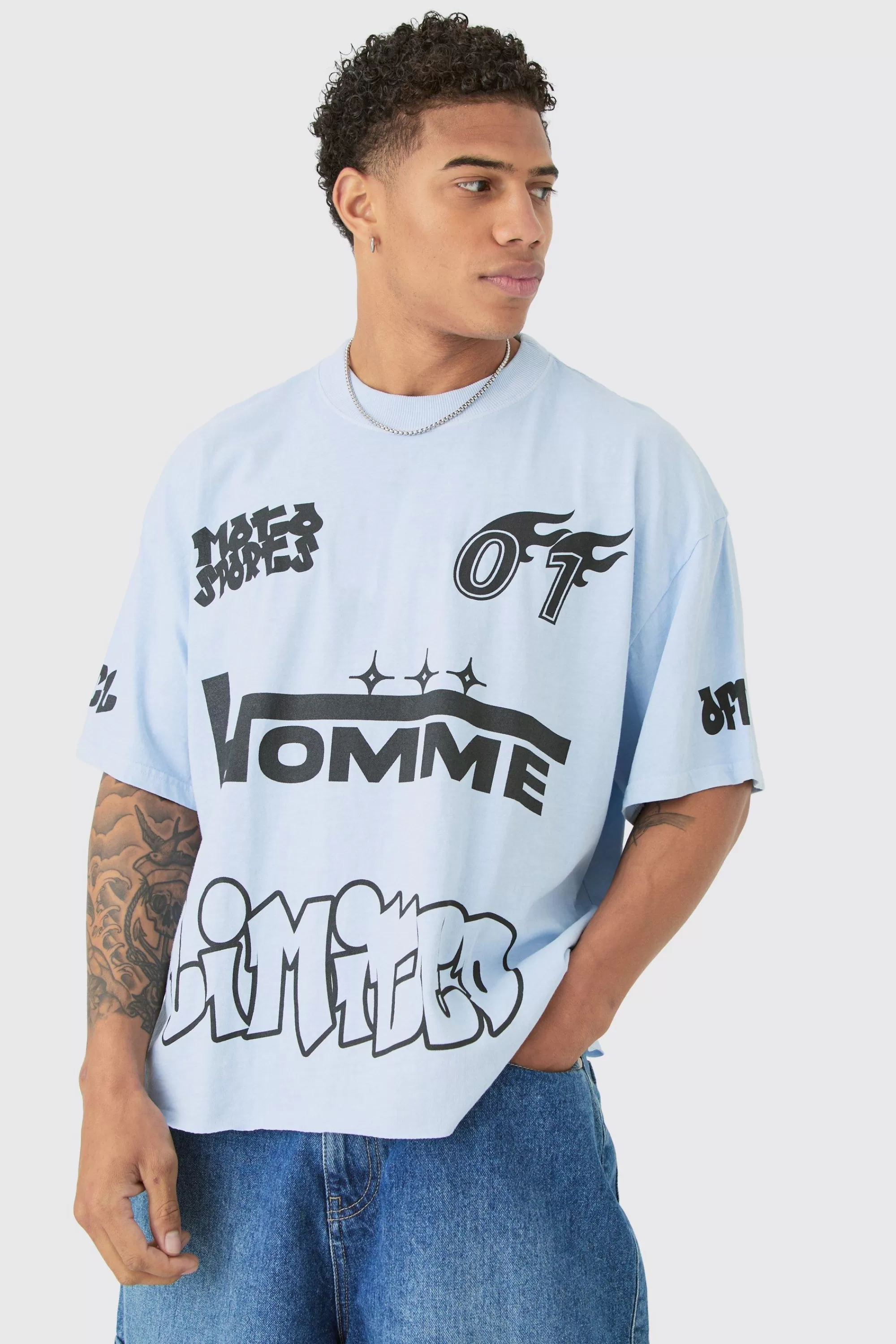 boohooMAN Oversized Boxy Homme Limited Graphic T-shirt | UK pastel blue Online