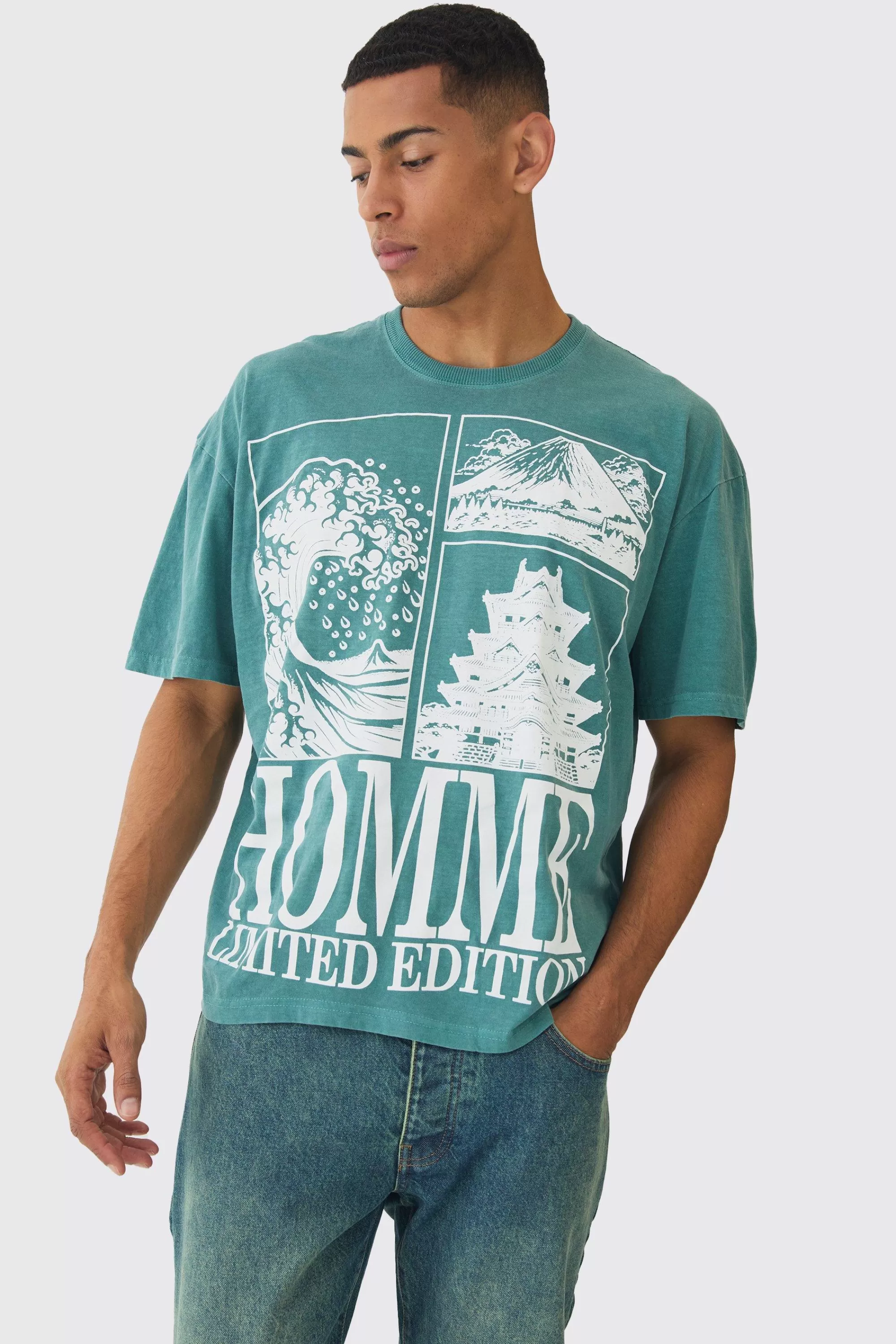 boohooMAN Oversized Boxy Homme Printed T-Shirt | UK blue Online