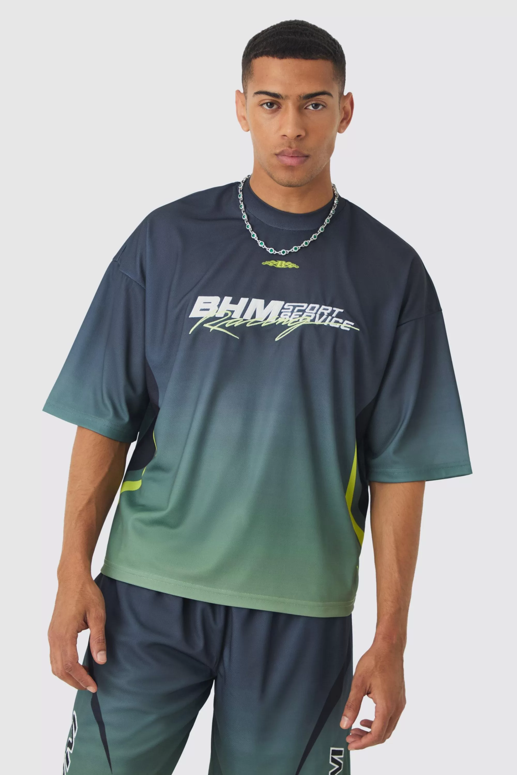 boohooMAN Oversized Boxy Mesh Applique Ombre Moto Printed T-shirt | UK brown Cheap