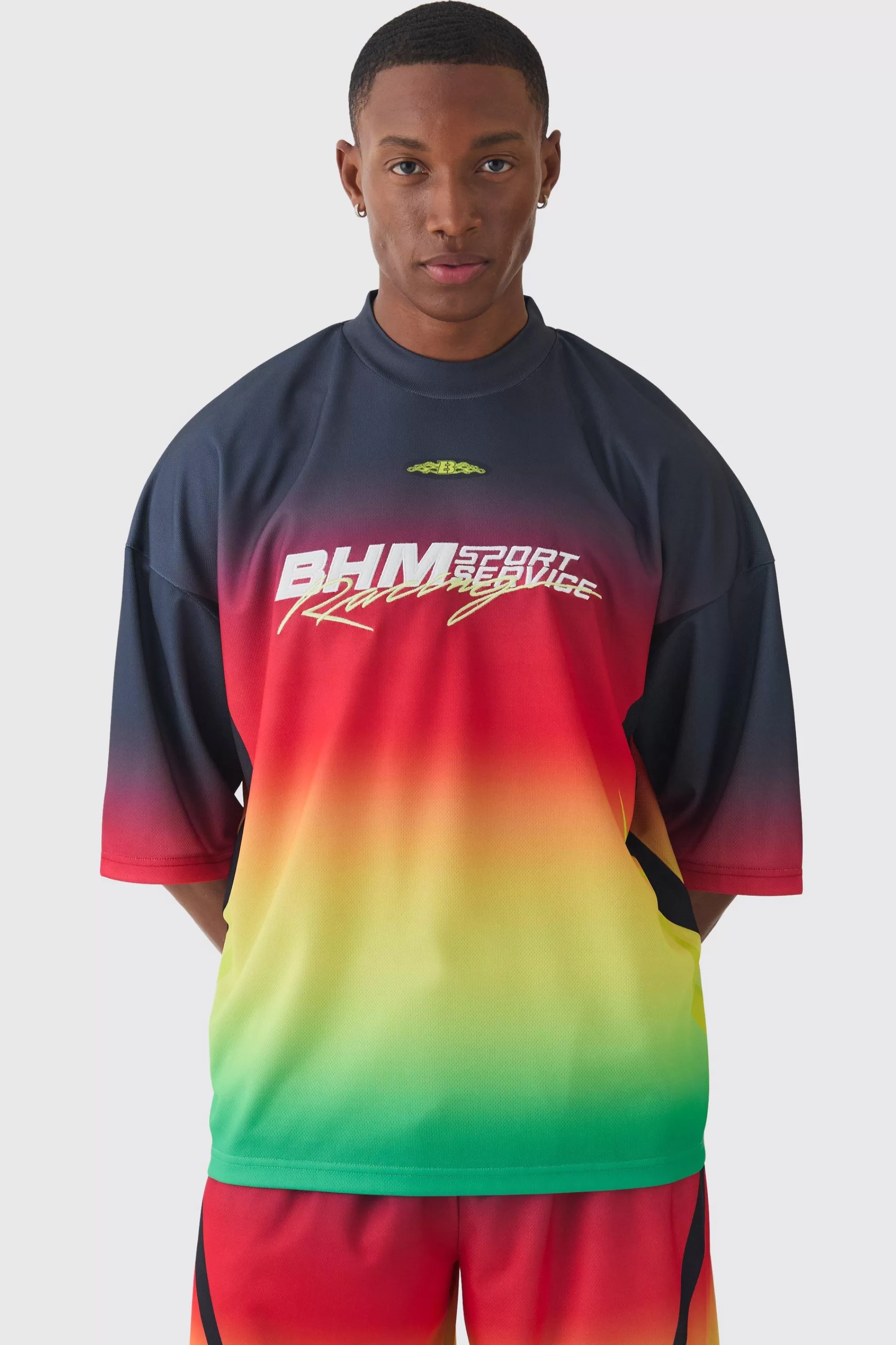 boohooMAN Oversized Boxy Mesh Applique Ombre Printed T-shirt | UK multi Hot