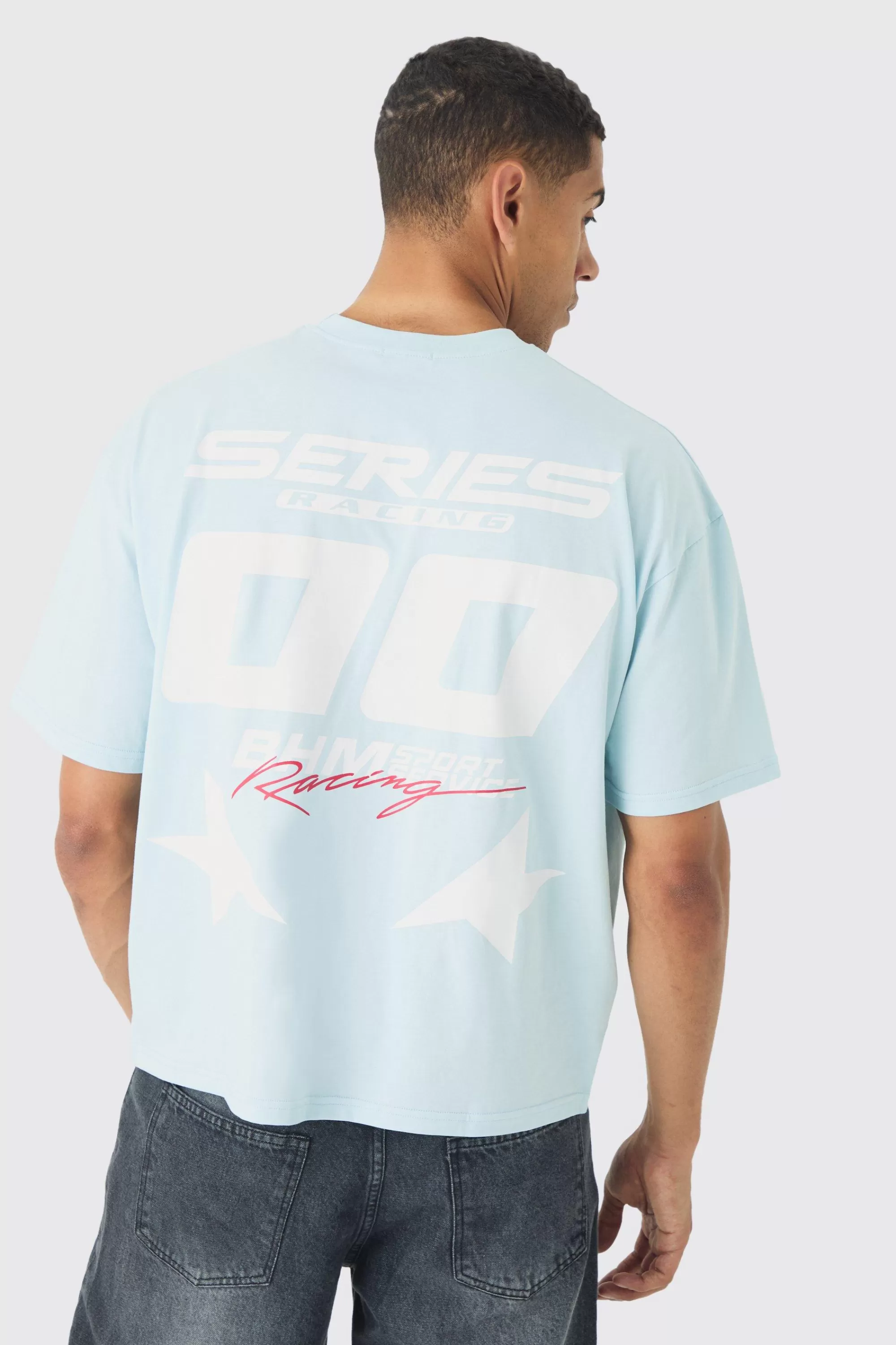 boohooMAN Oversized Boxy Moto Print T-shirt | UK light blue Best Sale