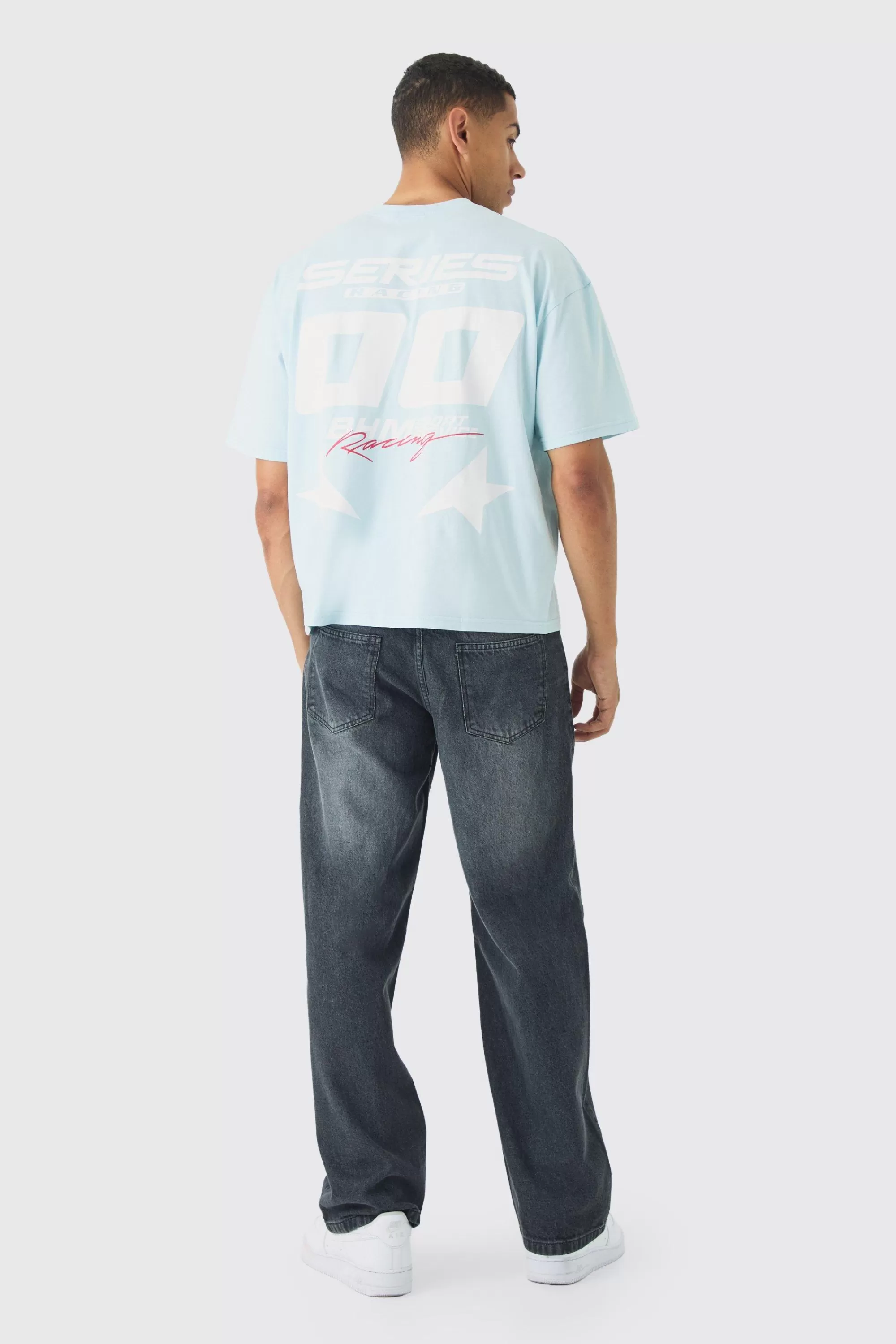 boohooMAN Oversized Boxy Moto Print T-shirt | UK light blue Best Sale