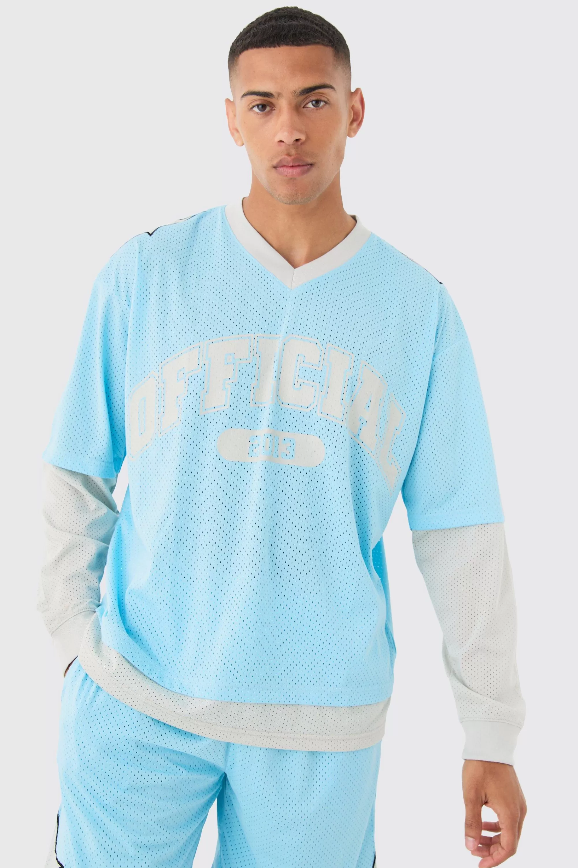 boohooMAN Oversized Boxy Official Layered Mesh Top | UK blue Sale
