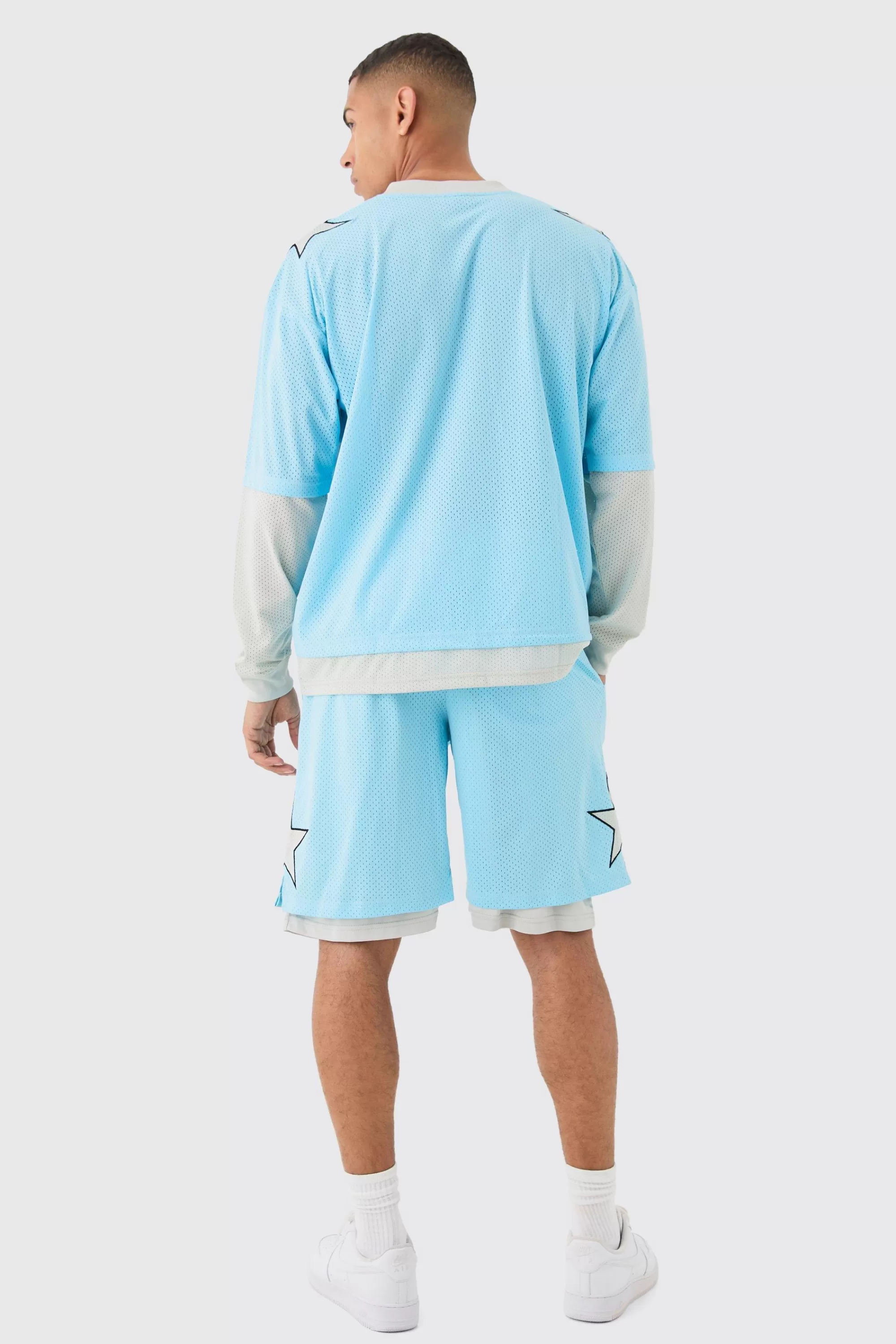 boohooMAN Oversized Boxy Official Layered Mesh Top | UK blue Sale