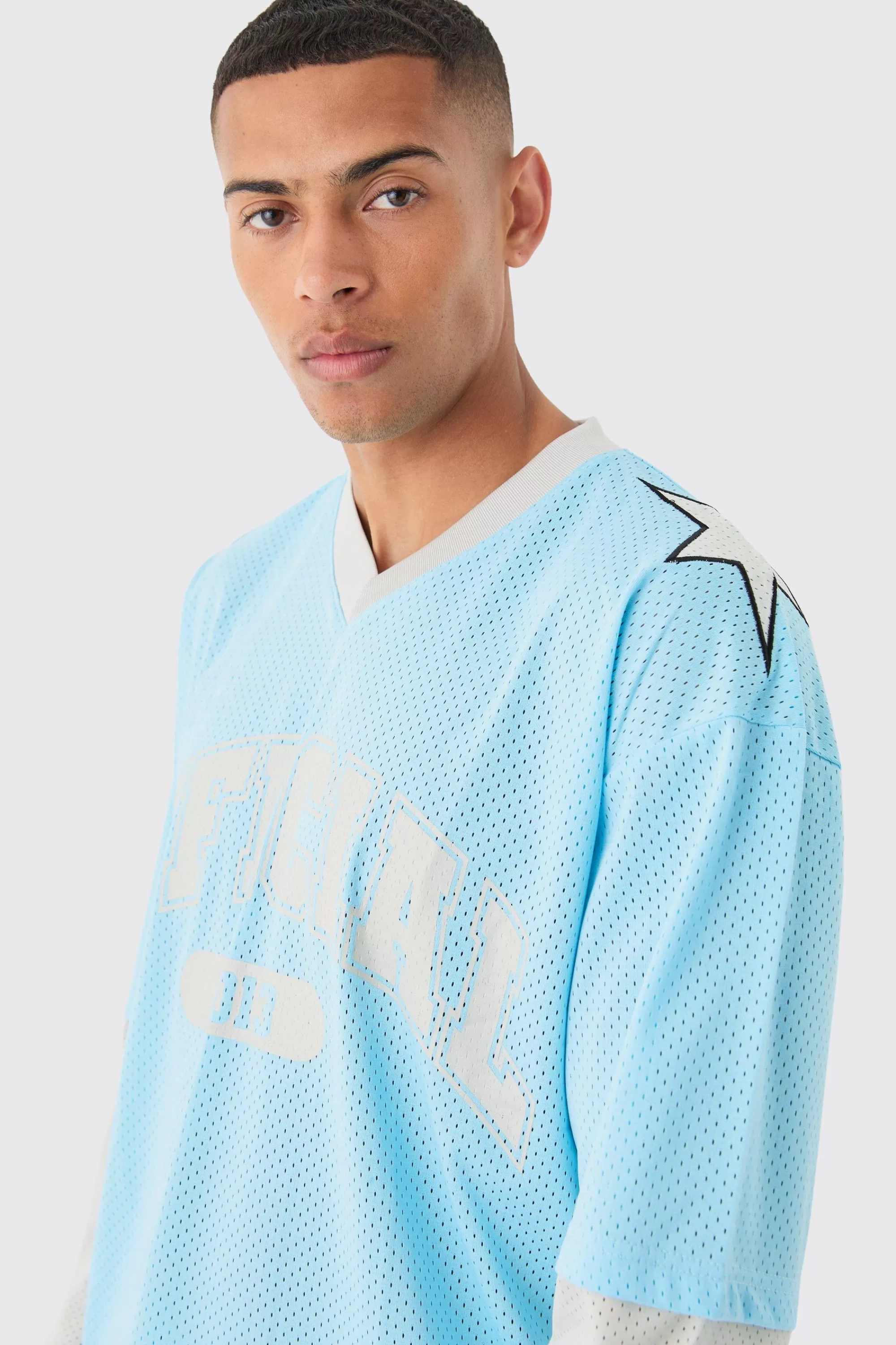 boohooMAN Oversized Boxy Official Layered Mesh Top | UK blue Sale