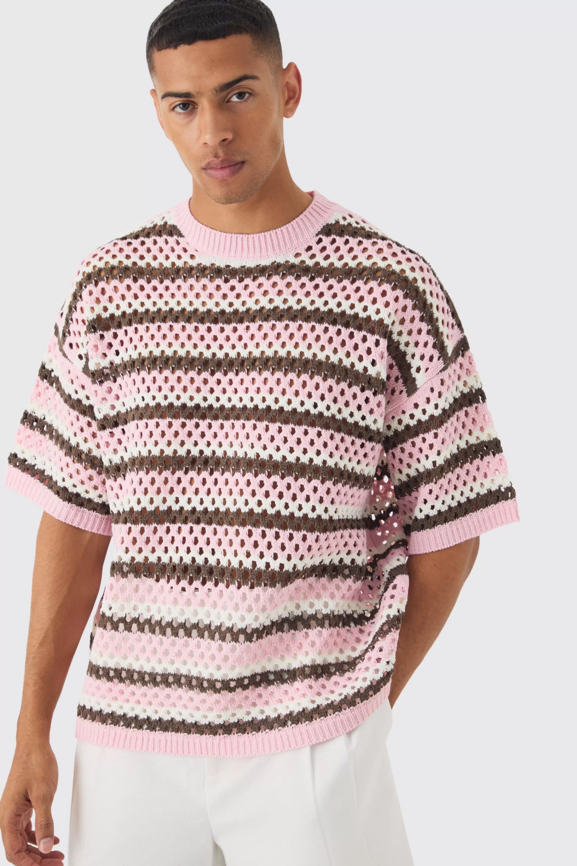boohooMAN Oversized Boxy Open Stitch Horizontal Stripe Knit T-shirt | UK pink Sale
