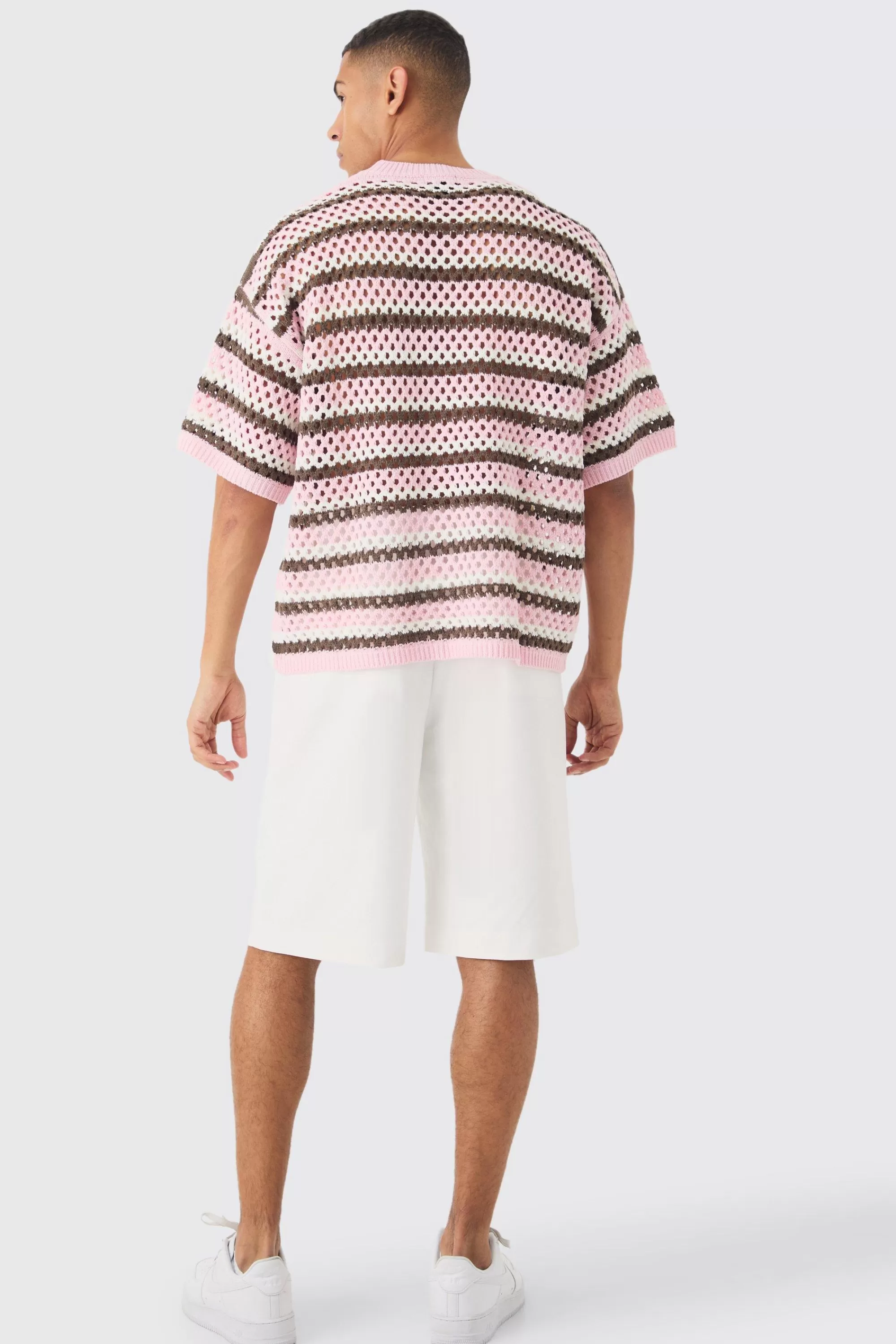 boohooMAN Oversized Boxy Open Stitch Horizontal Stripe Knit T-shirt | UK pink Sale