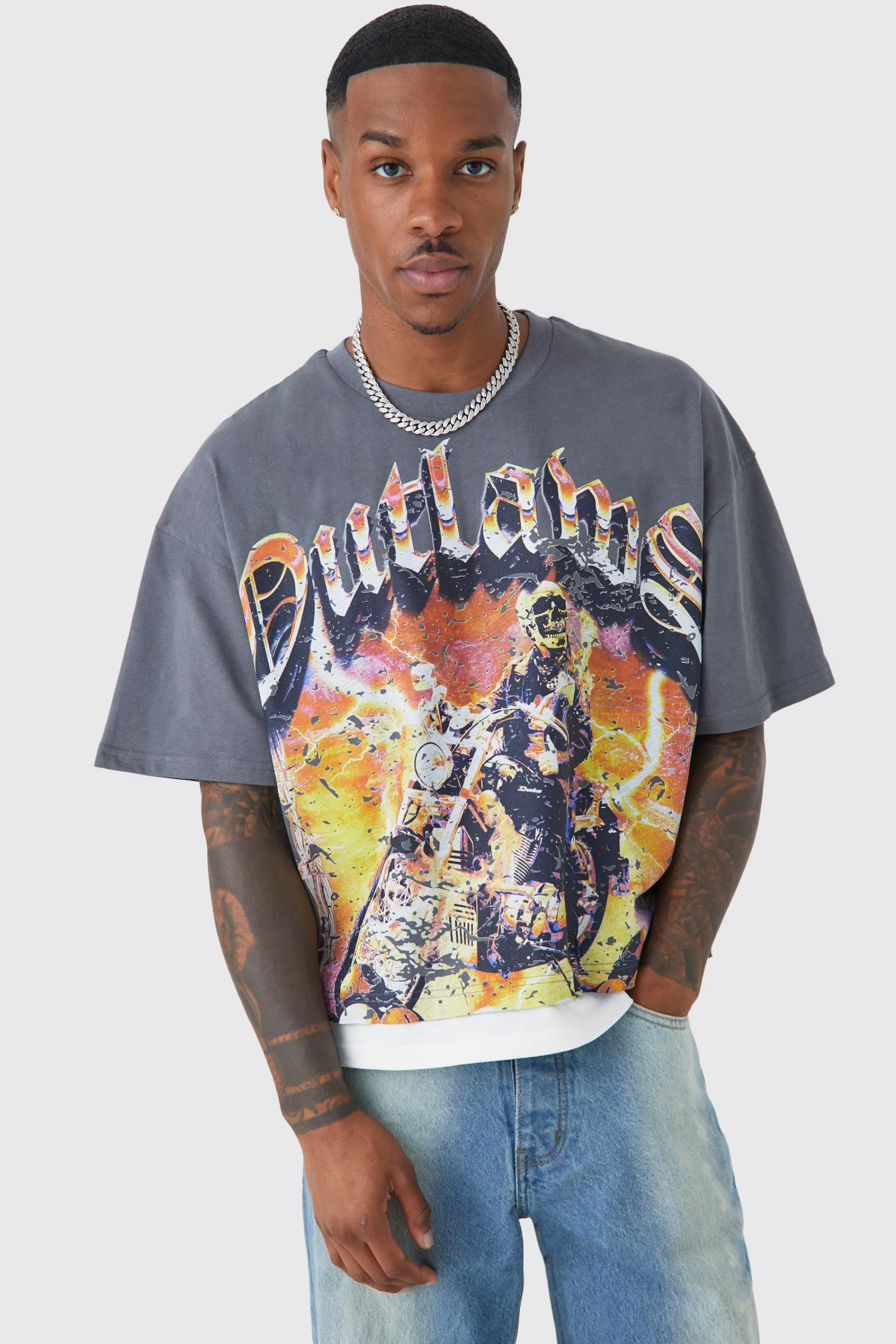 boohooMAN Oversized Boxy Outlaws Faux Layer T-shirt | UK dark grey Store