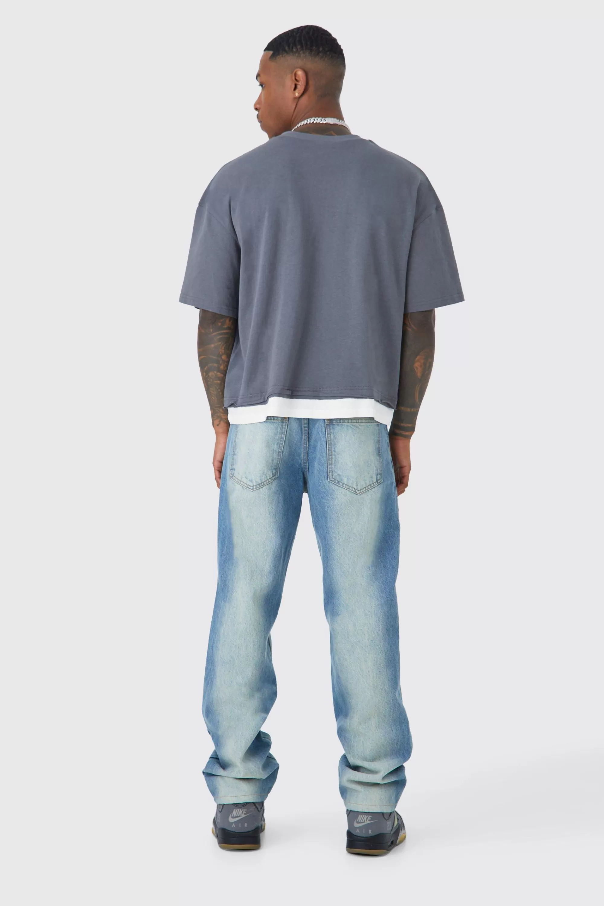 boohooMAN Oversized Boxy Outlaws Faux Layer T-shirt | UK dark grey Store