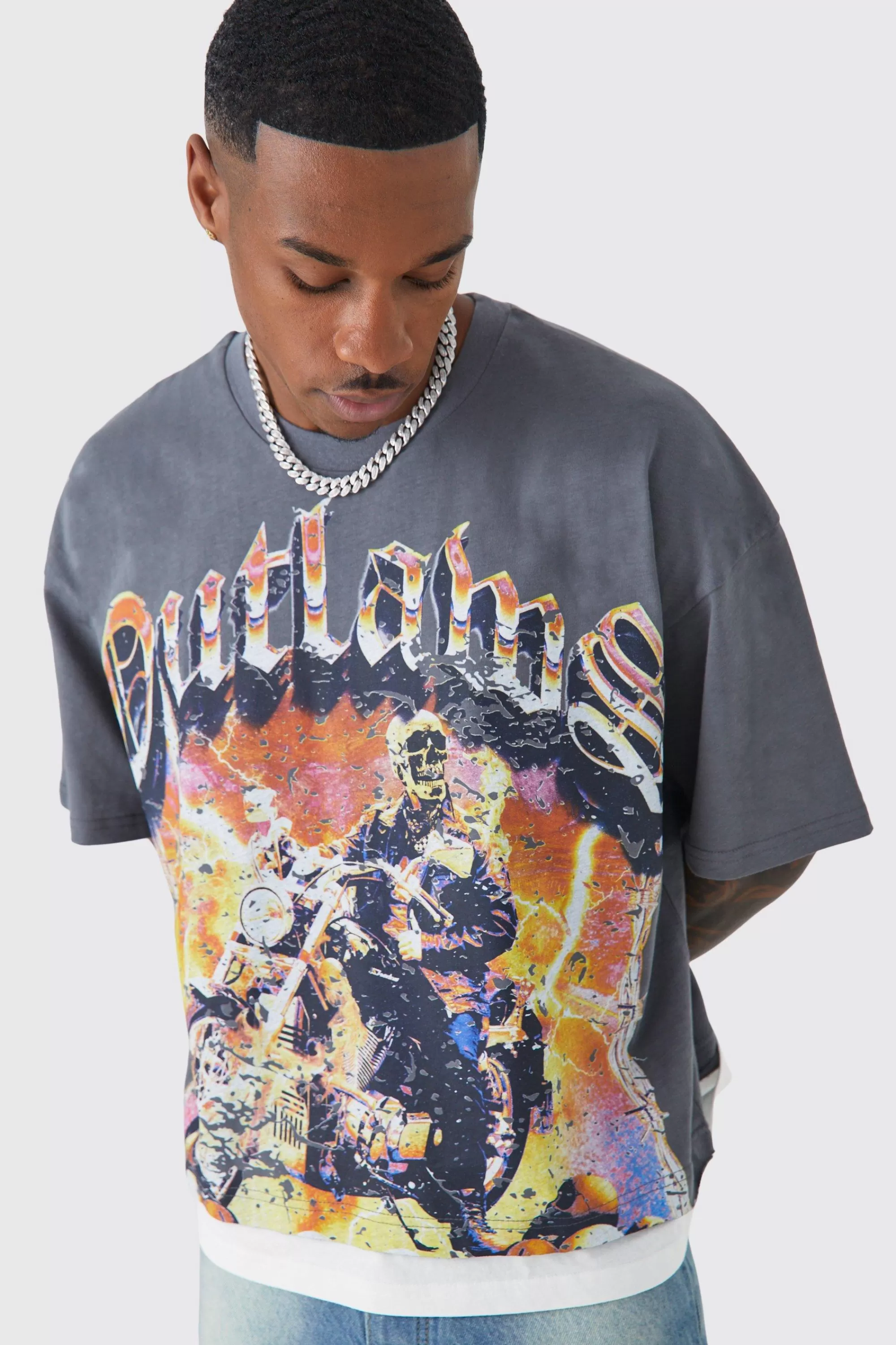 boohooMAN Oversized Boxy Outlaws Faux Layer T-shirt | UK dark grey Store