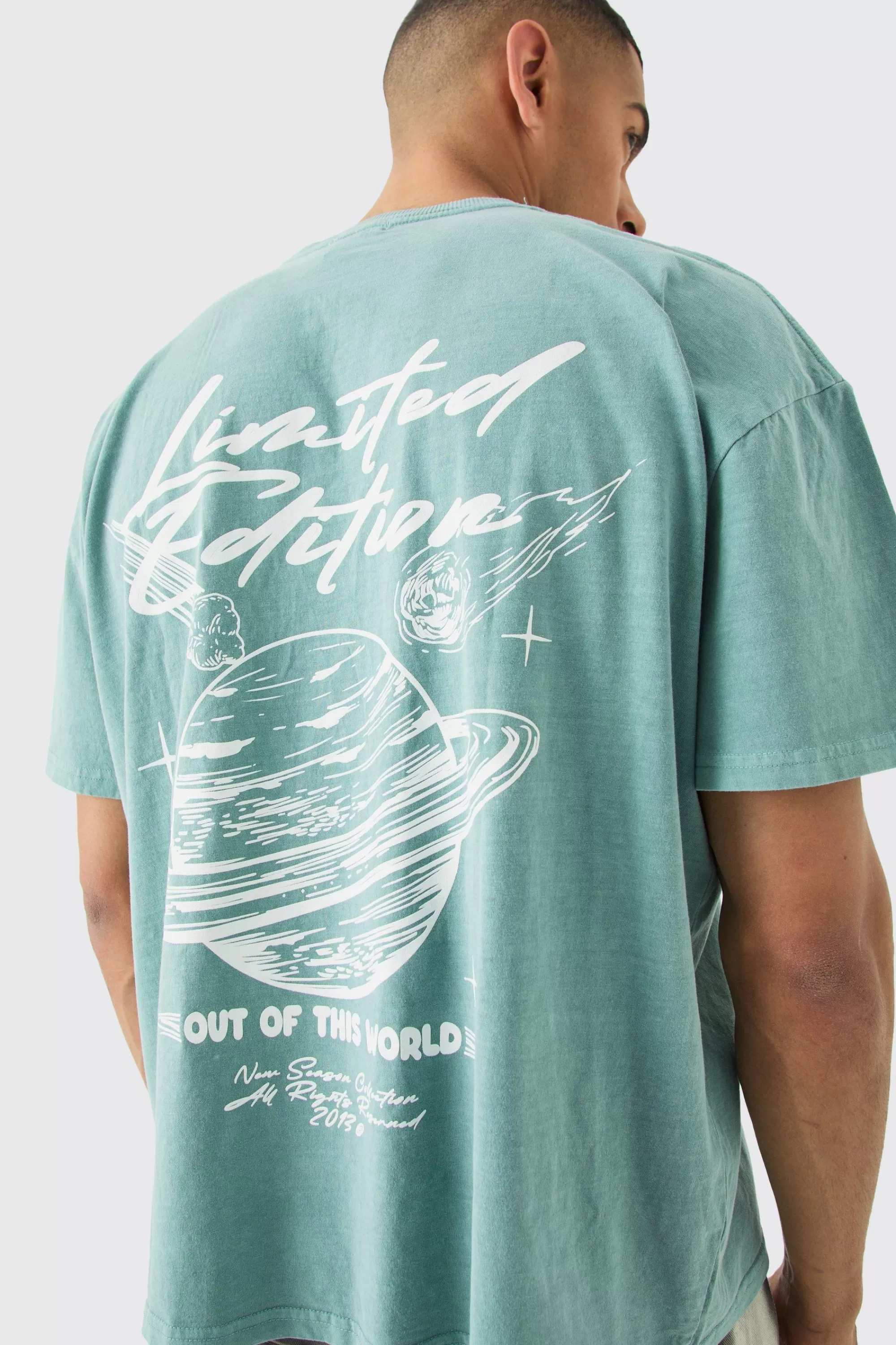 boohooMAN Oversized Boxy Overdye Space Graphic T-shirt | UK sage Sale