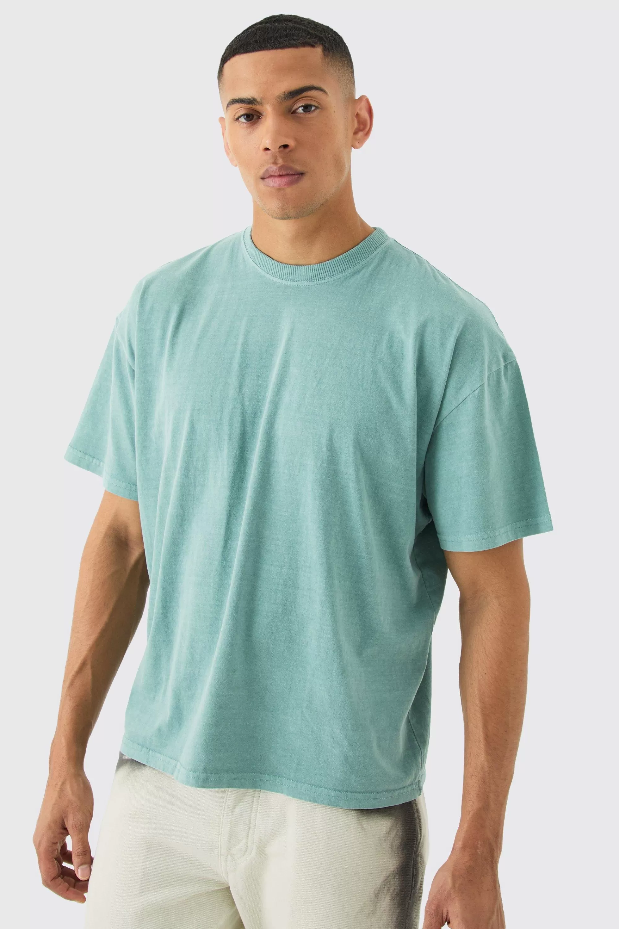 boohooMAN Oversized Boxy Overdye Space Graphic T-shirt | UK sage Sale