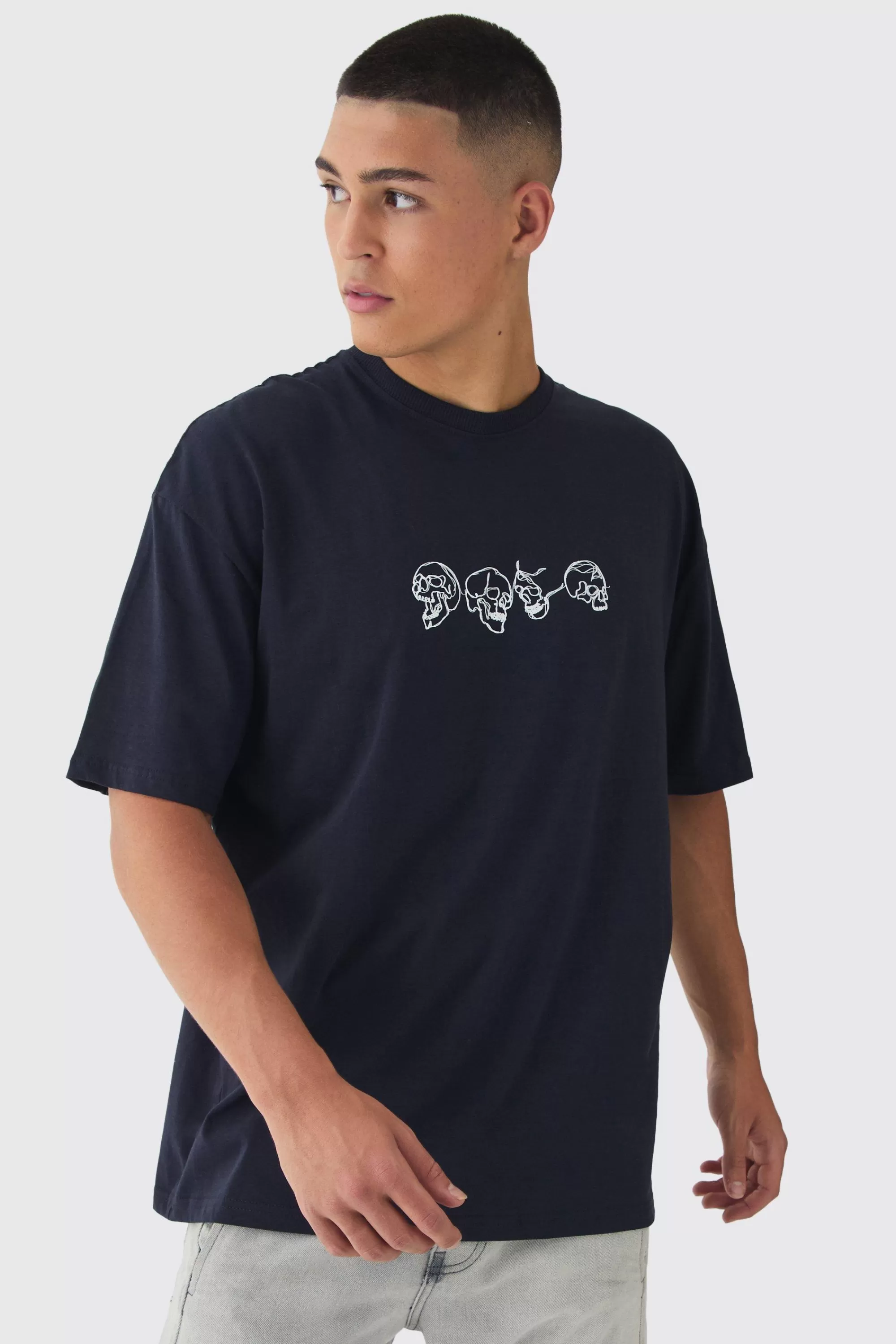 boohooMAN Oversized Boxy Skull Line Drawing Back Print T-Shirt | UK navy Sale