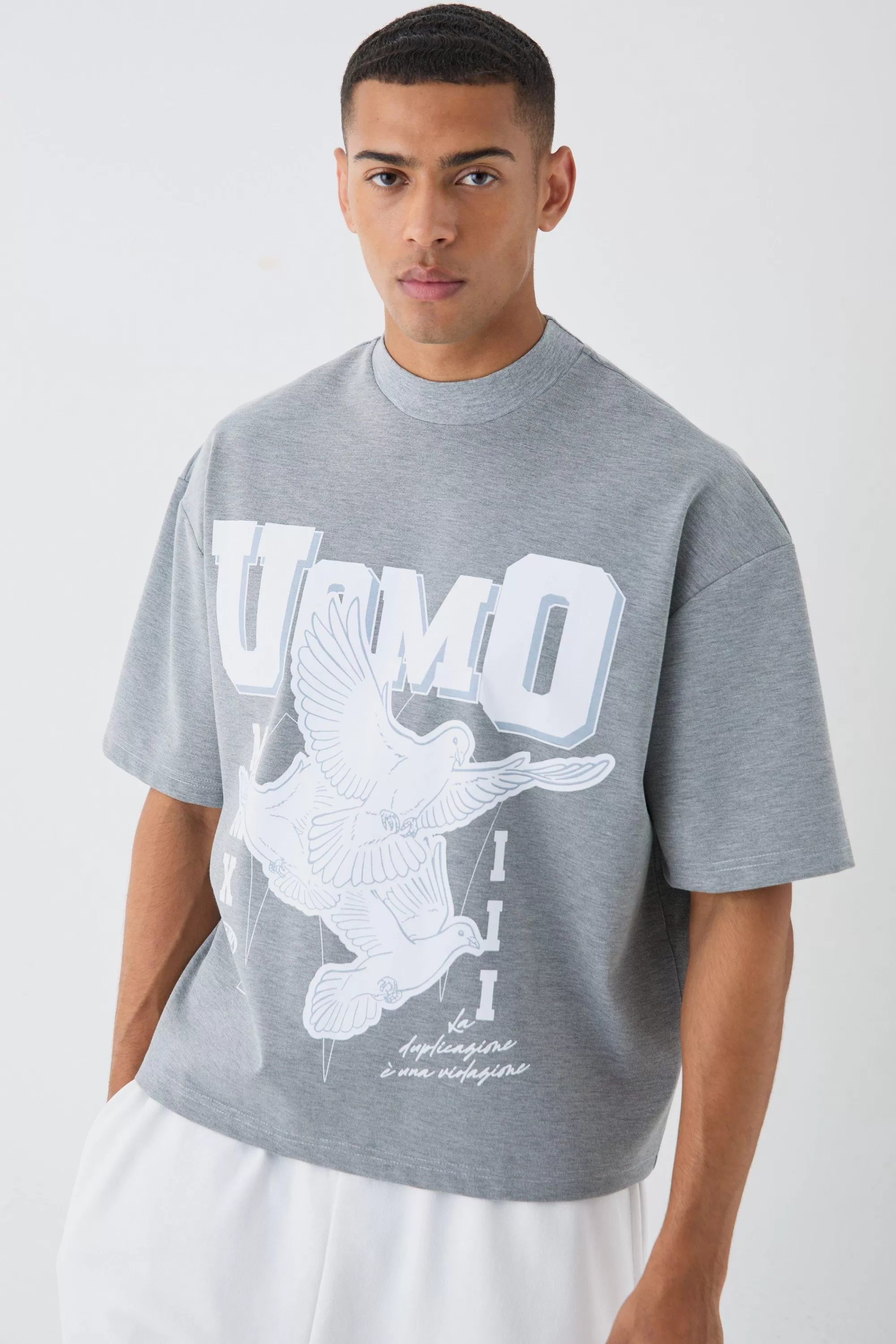 boohooMAN Oversized Boxy Tonal Printed Heavyweight T-shirt | UK light grey Shop