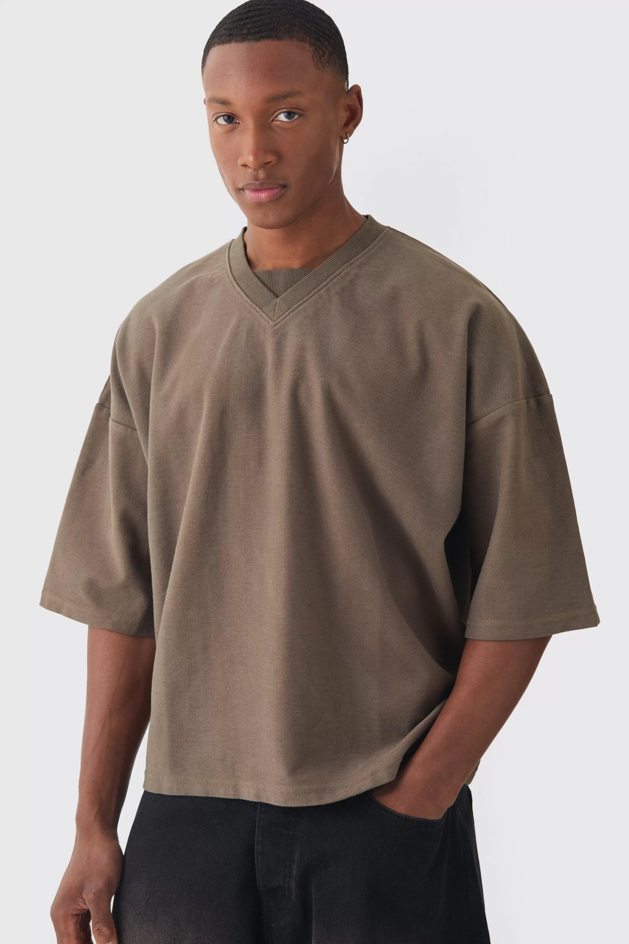 boohooMAN Oversized Boxy V Neck Reverse Loopback T-shirt | UK dark tan Store