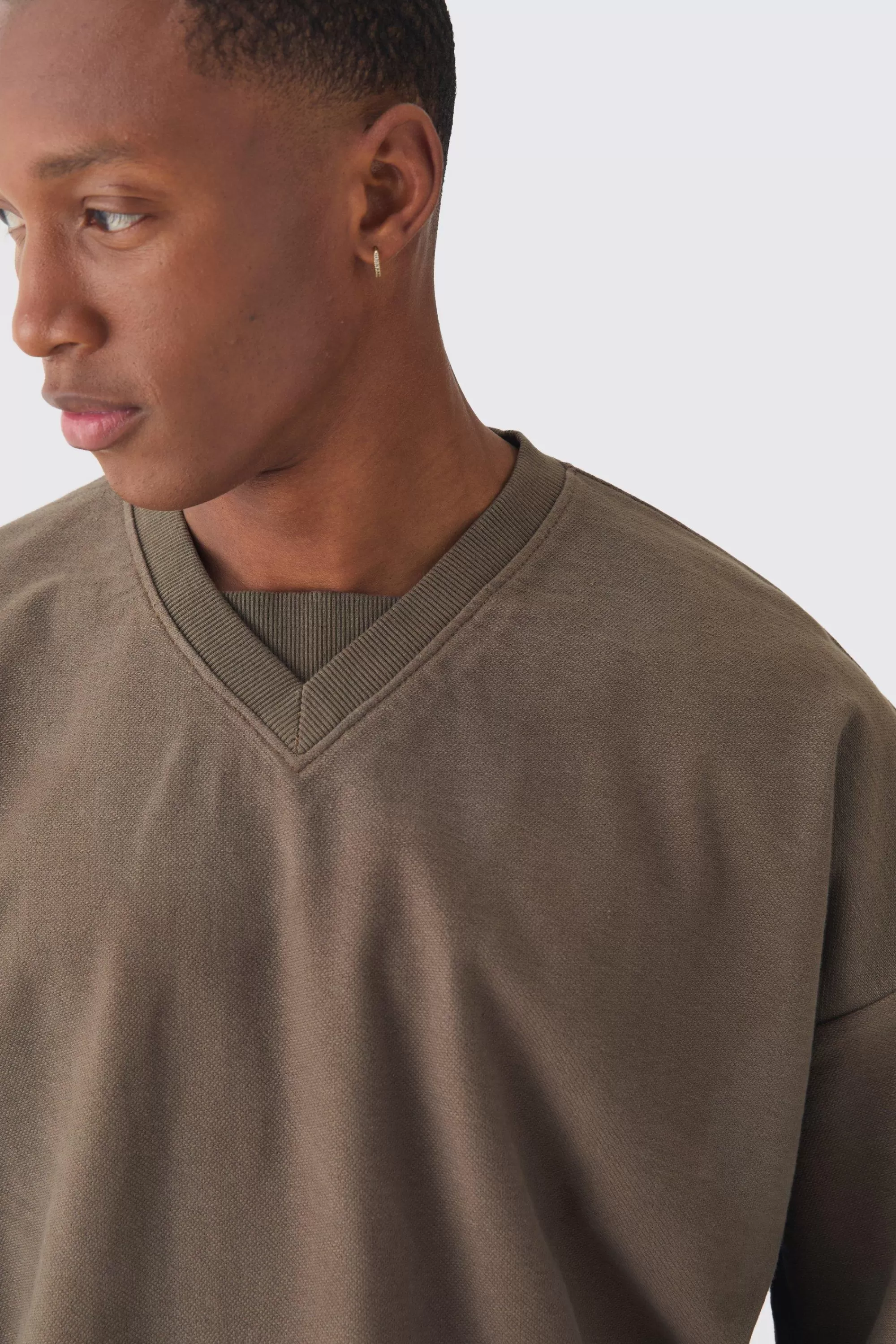 boohooMAN Oversized Boxy V Neck Reverse Loopback T-shirt | UK dark tan Store
