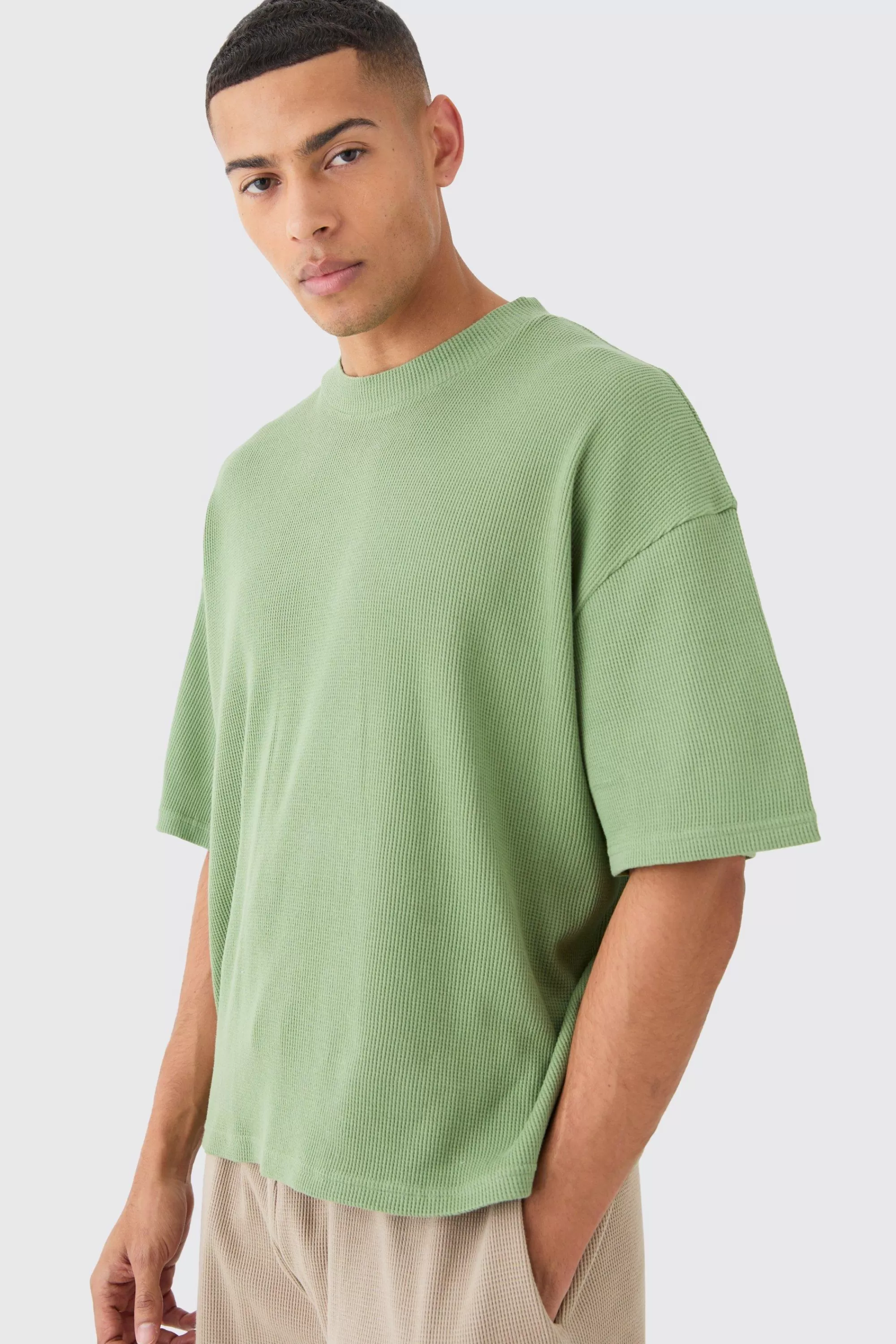 boohooMAN Oversized Boxy Waffle T-shirt | UK sage Fashion