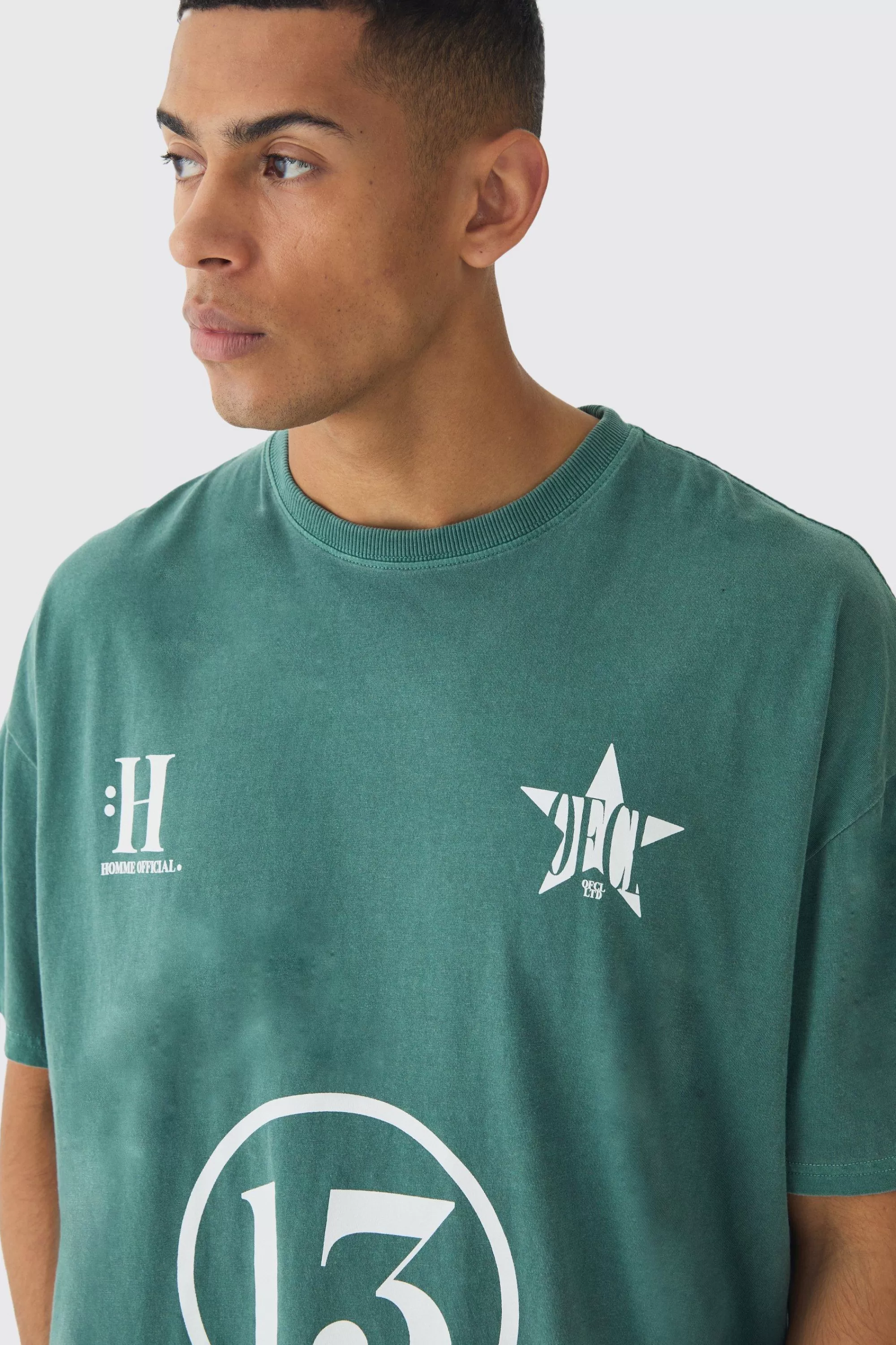boohooMAN Oversized Boxy Washed 13 Print T-Shirt | UK forest Flash Sale