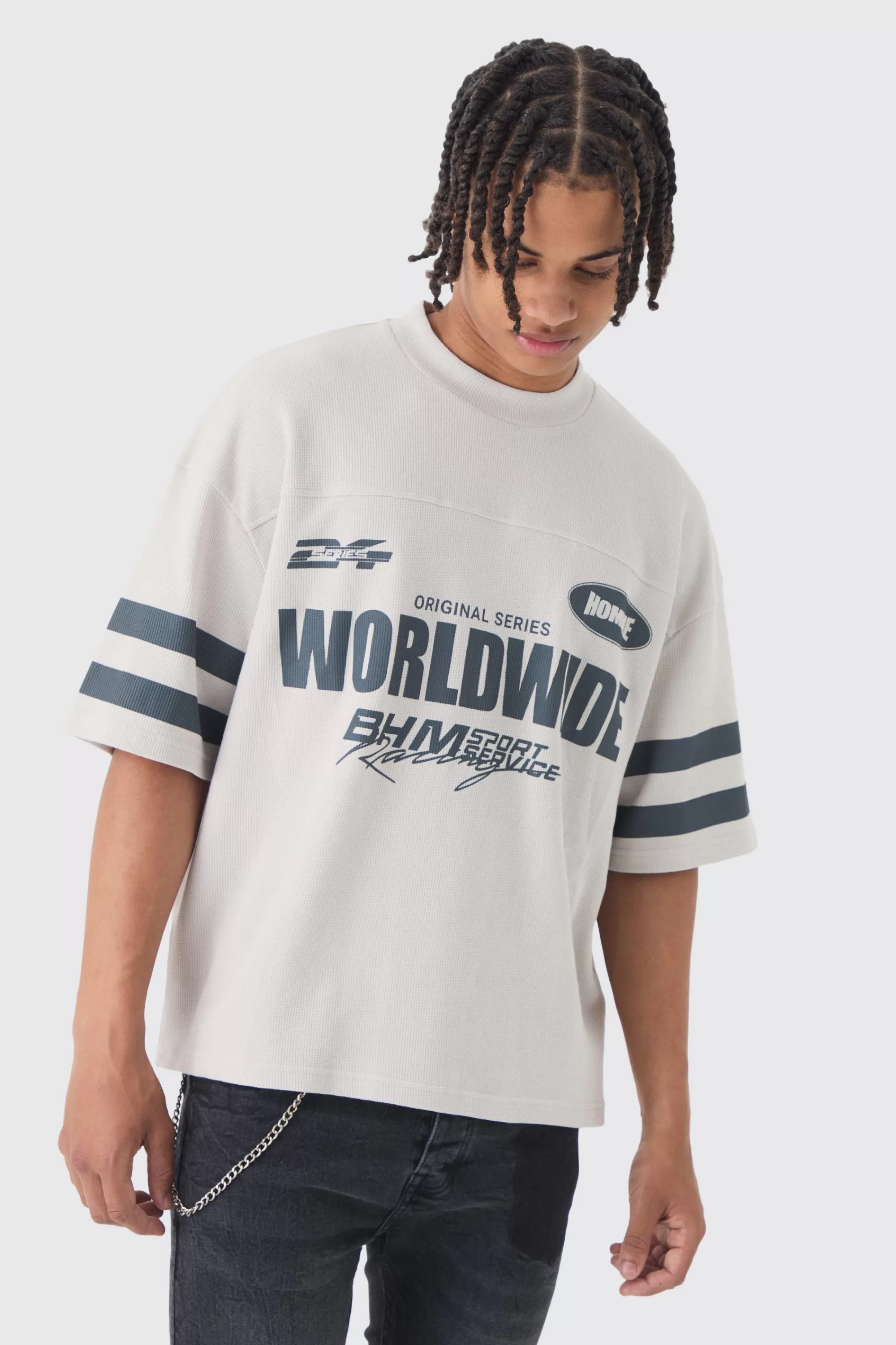 boohooMAN Oversized Boxy Worldwide Waffle T-shirt | UK light grey Cheap