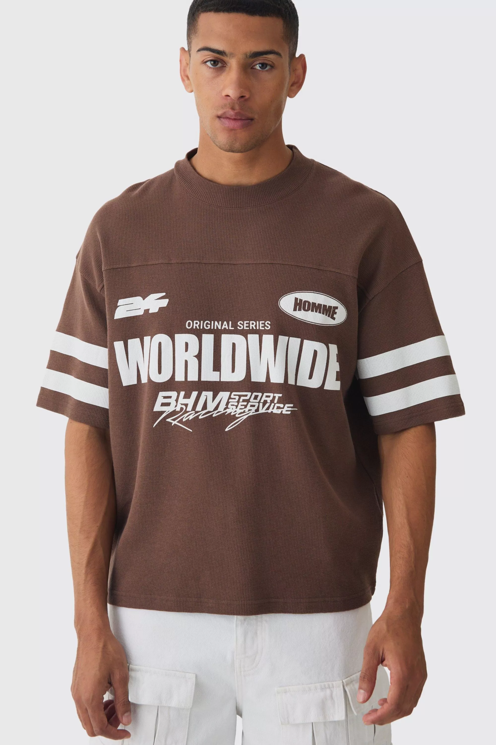 boohooMAN Oversized Boxy Worldwide Waffle T-shirt | UK brown Shop