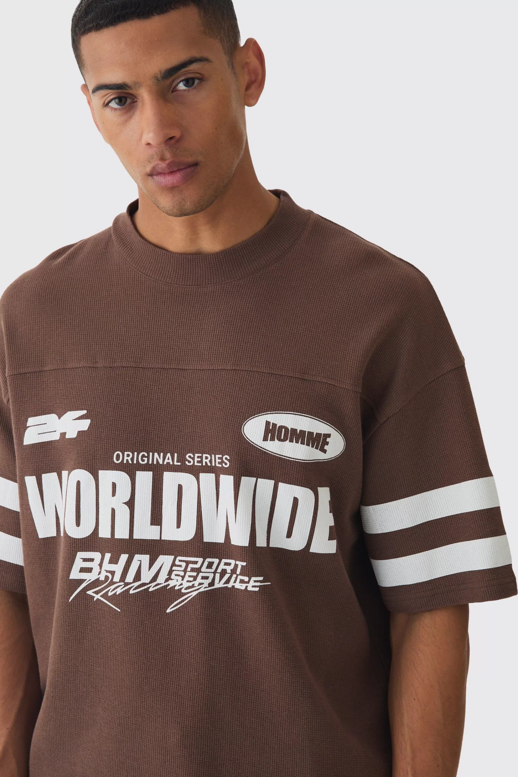 boohooMAN Oversized Boxy Worldwide Waffle T-shirt | UK brown Shop
