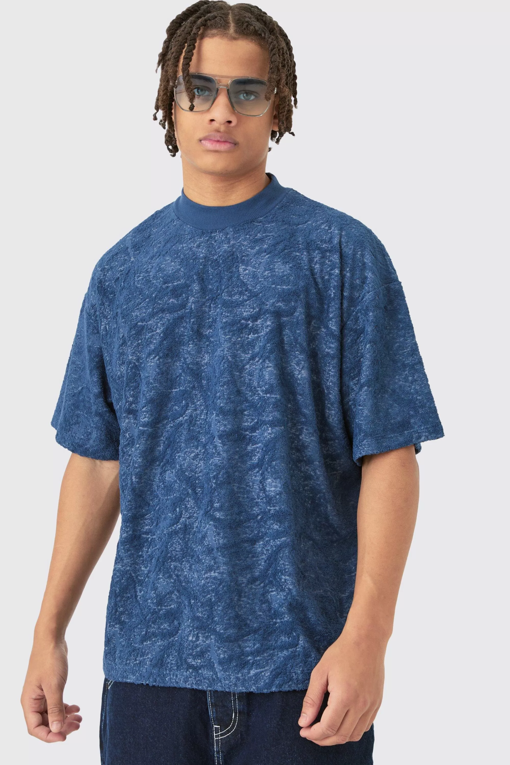 boohooMAN Oversized Burnout Towelling Jacquard T-shirt | UK navy Discount