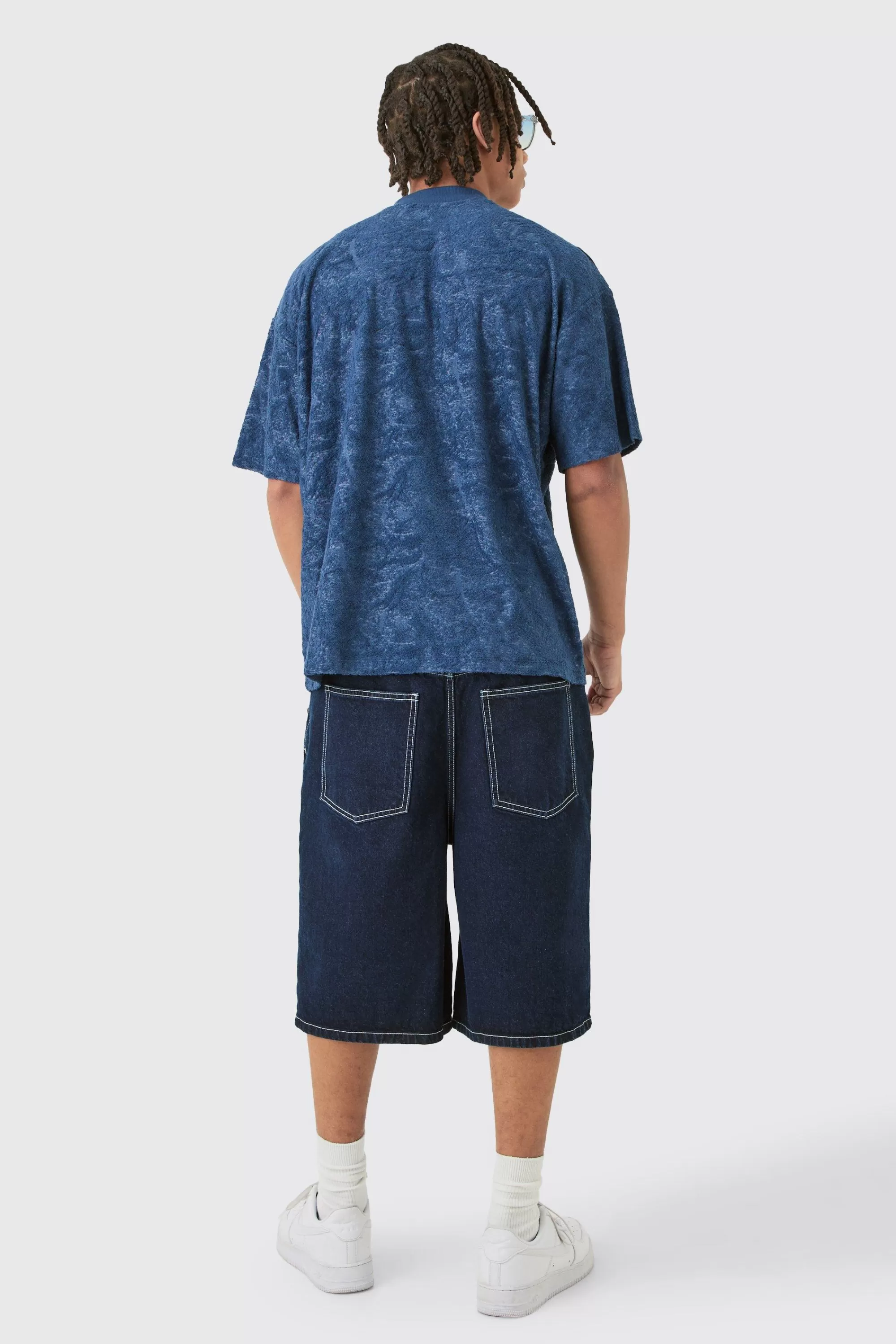 boohooMAN Oversized Burnout Towelling Jacquard T-shirt | UK navy Discount