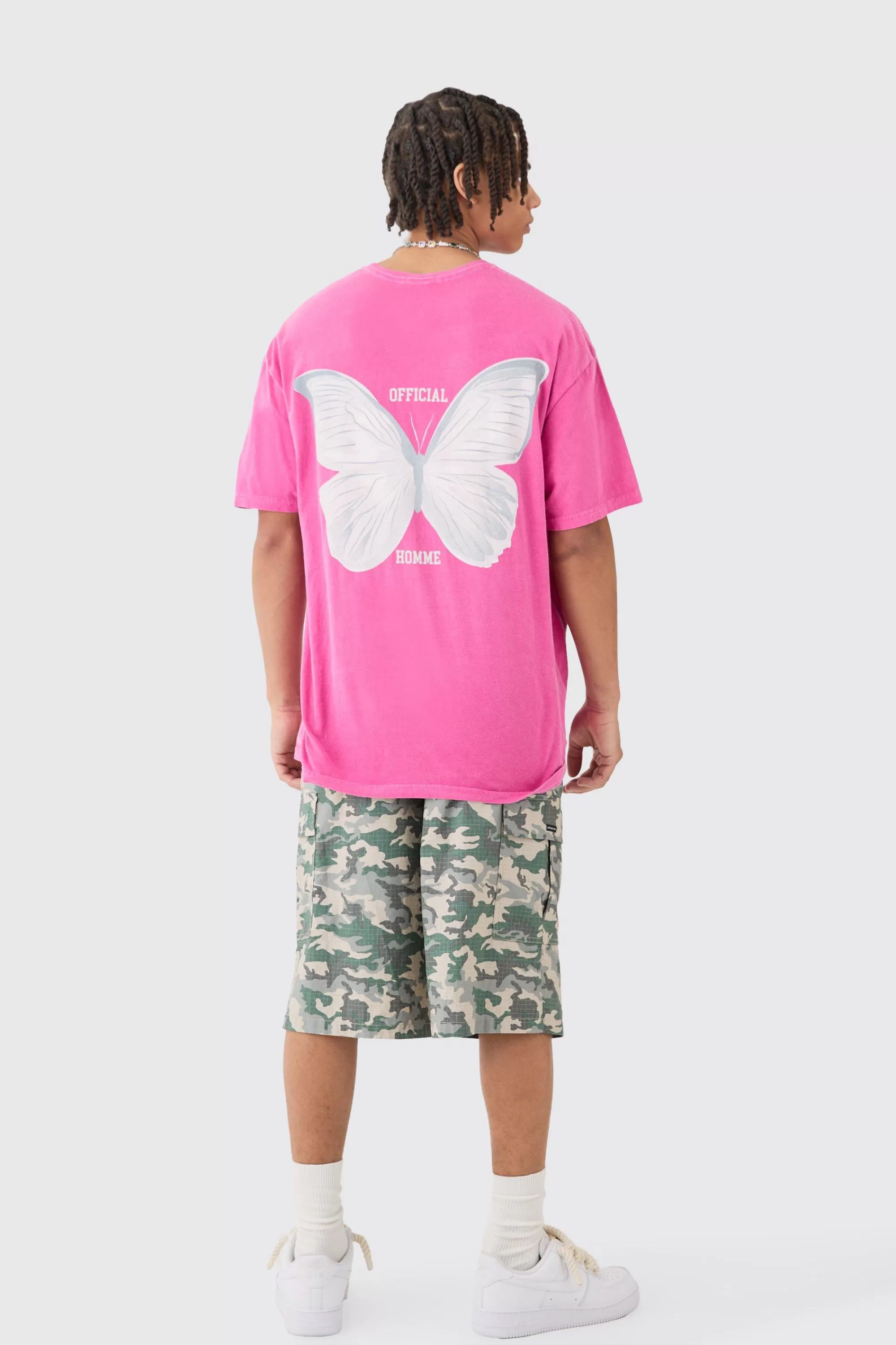 boohooMAN Oversized Butterfly Print Wash T-shirt | UK pink Online