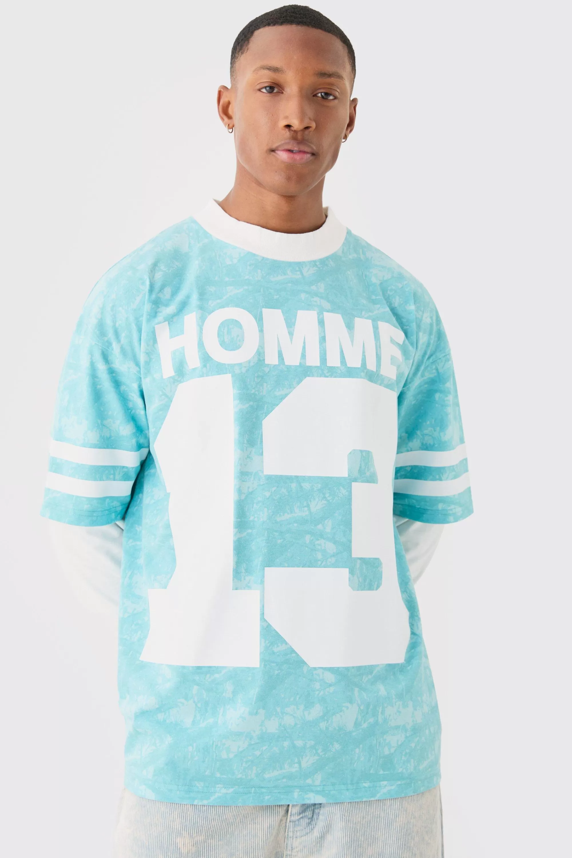 boohooMAN Oversized Camo Homme Print Layered T-shirt | UK blue New