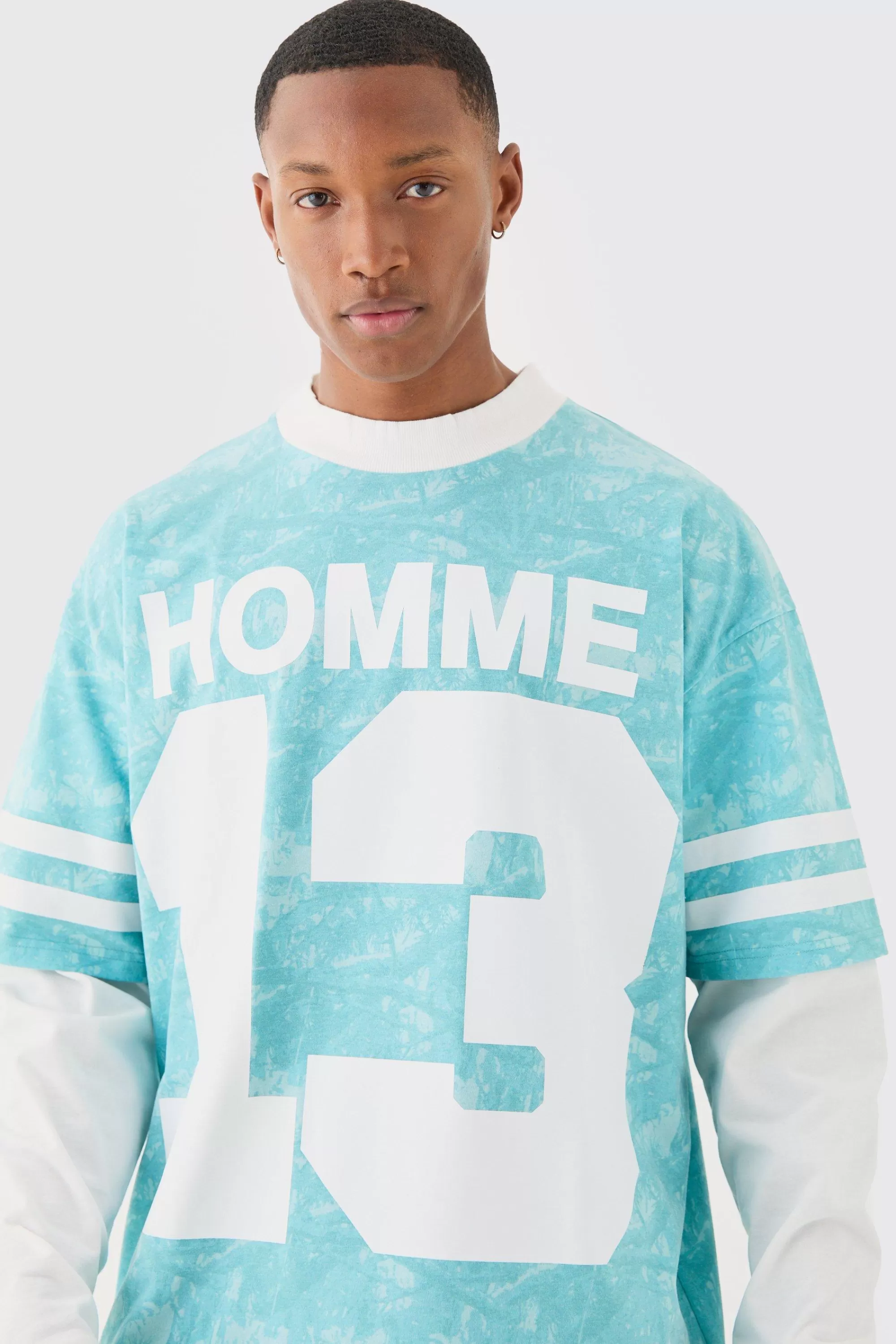 boohooMAN Oversized Camo Homme Print Layered T-shirt | UK blue New