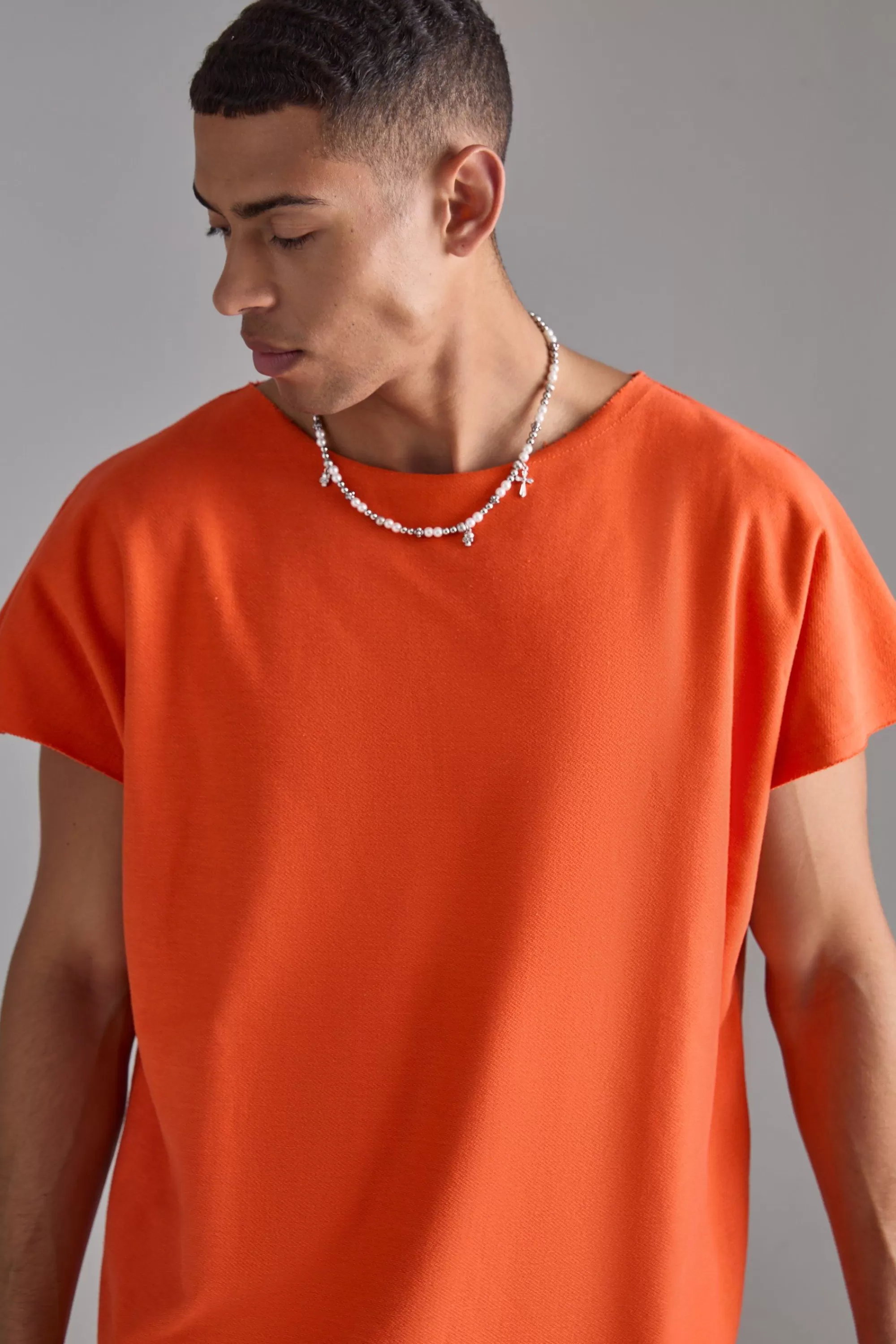 boohooMAN Oversized Cap Sleeve Slash Neck Loopback T-shirt | UK orange Discount