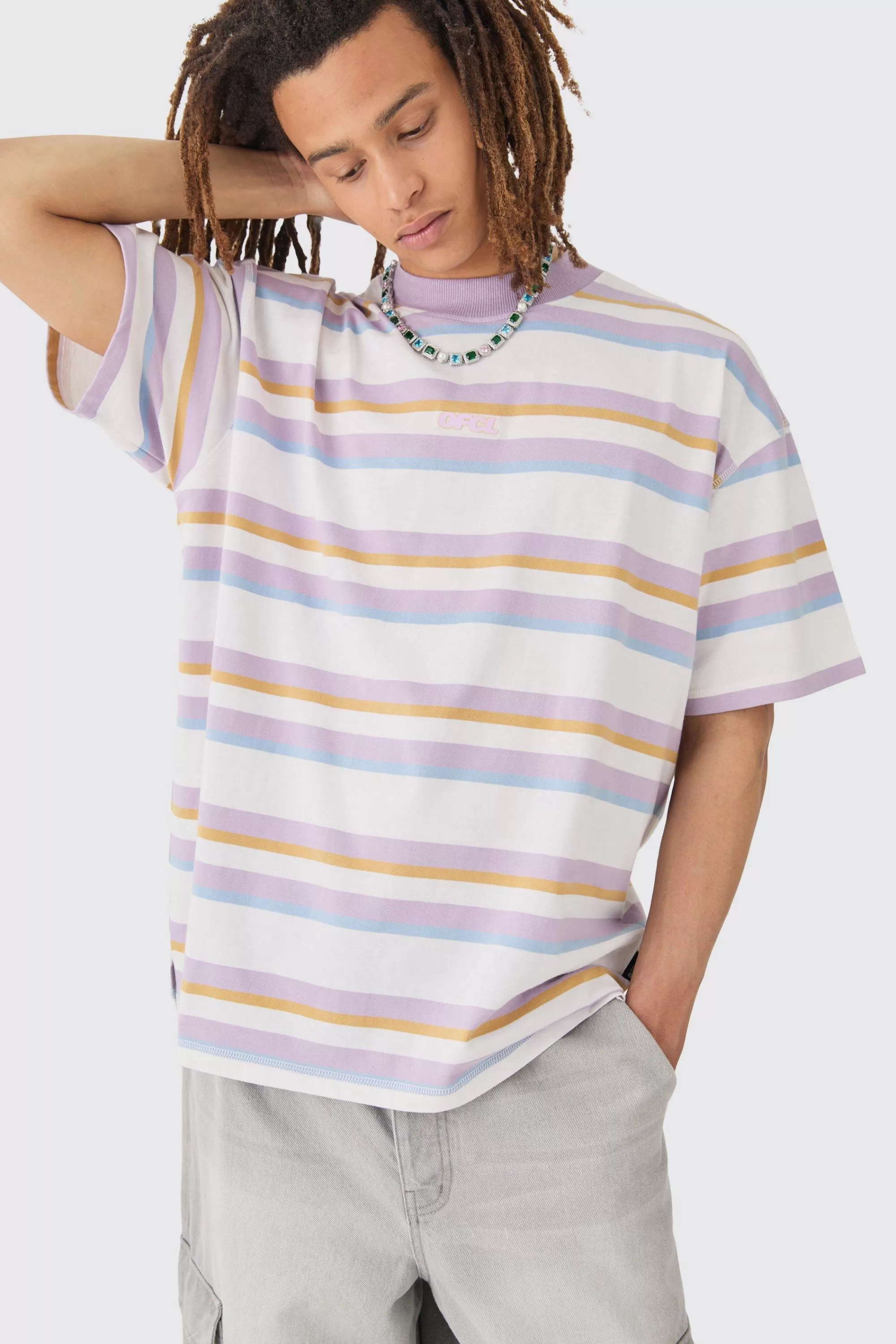 boohooMAN Oversized Carded Heavy Striped OFCL T-shirt | UK lilac Clearance