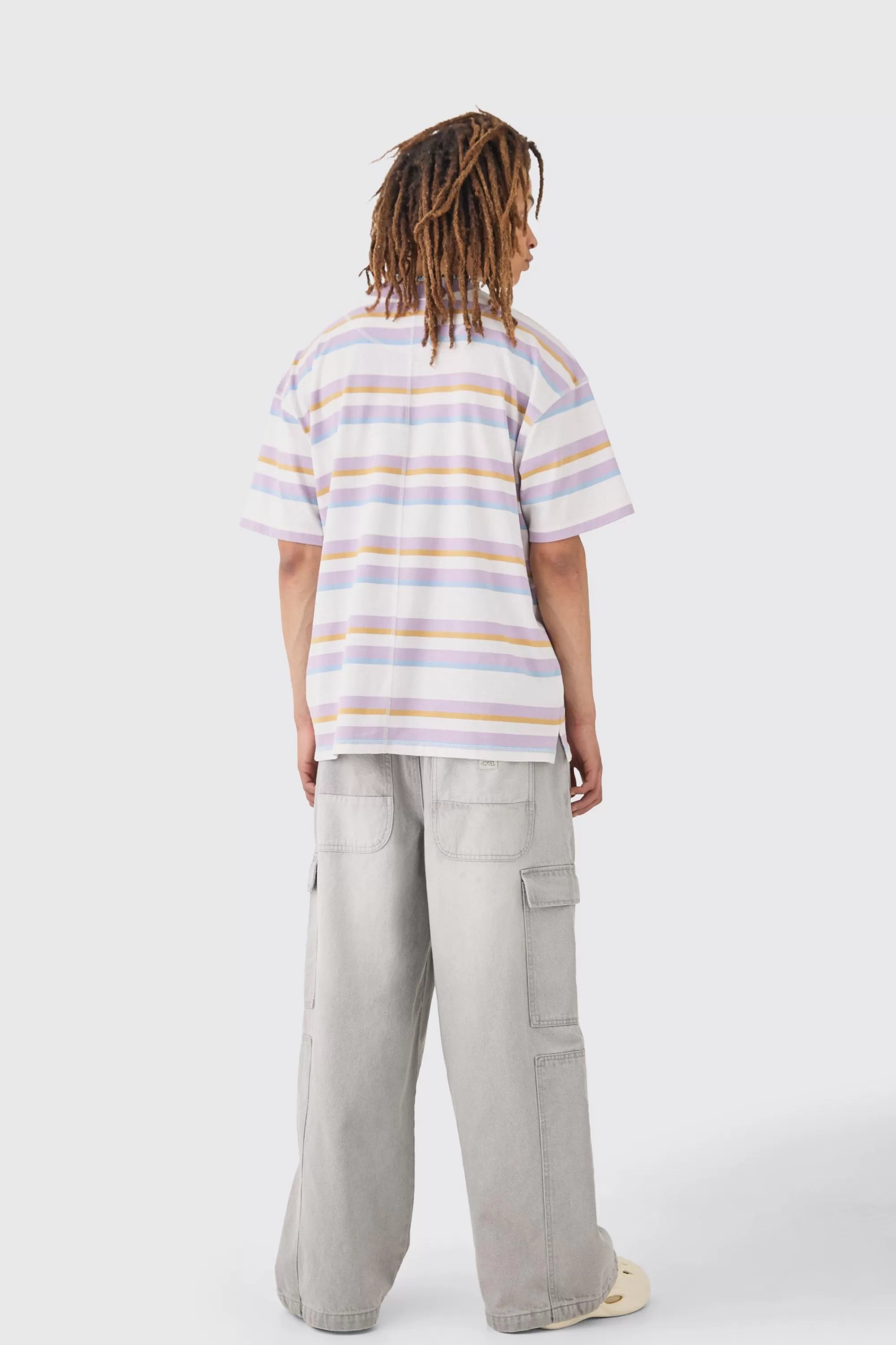 boohooMAN Oversized Carded Heavy Striped OFCL T-shirt | UK lilac Clearance