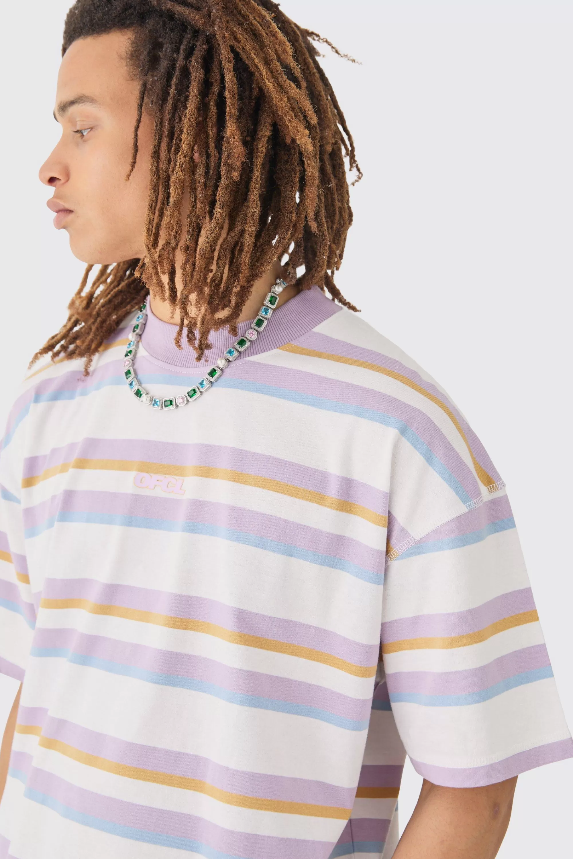 boohooMAN Oversized Carded Heavy Striped OFCL T-shirt | UK lilac Clearance