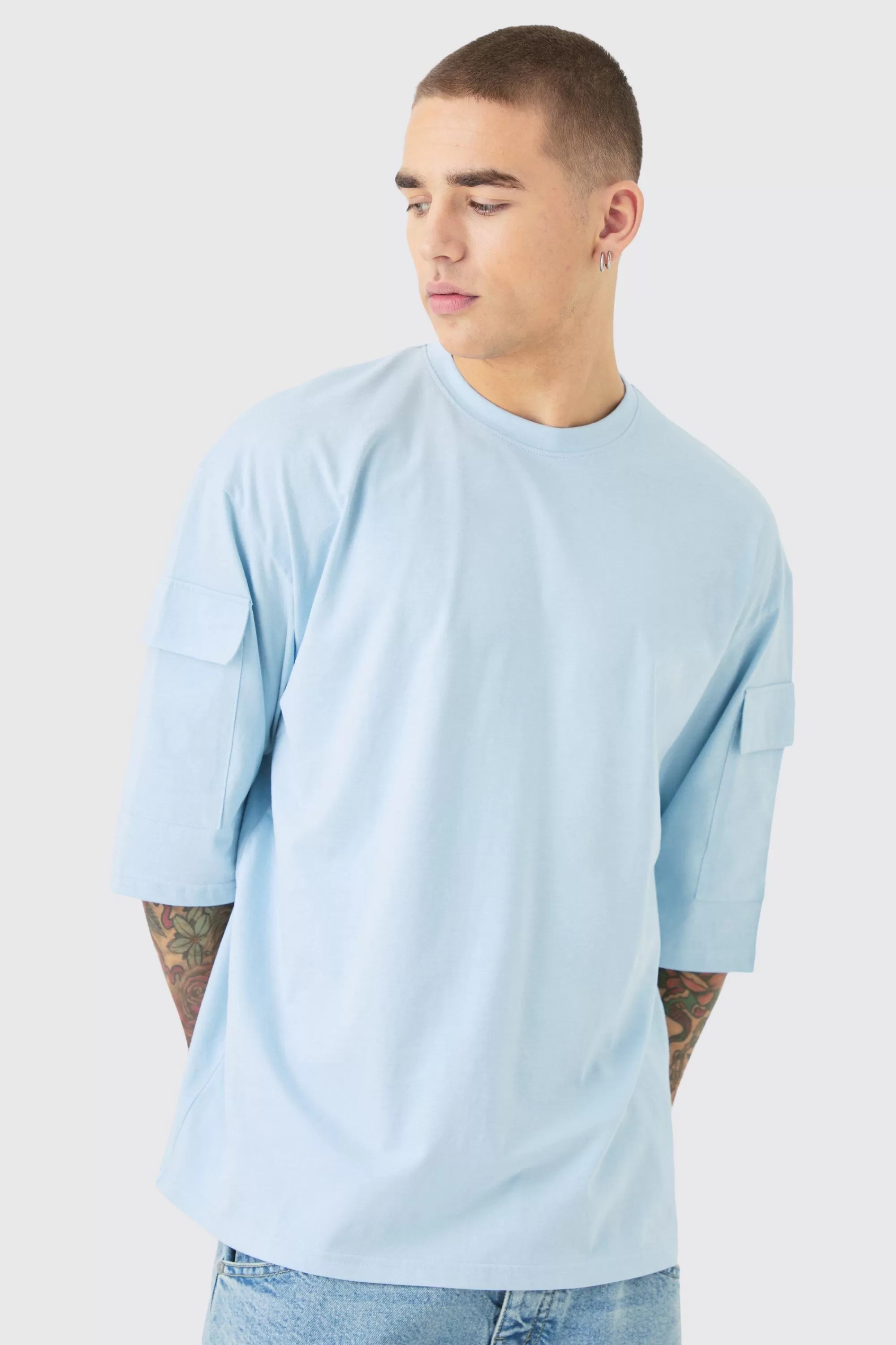 boohooMAN Oversized Cargo Pocket Half Sleeve T-shirt | UK light blue New