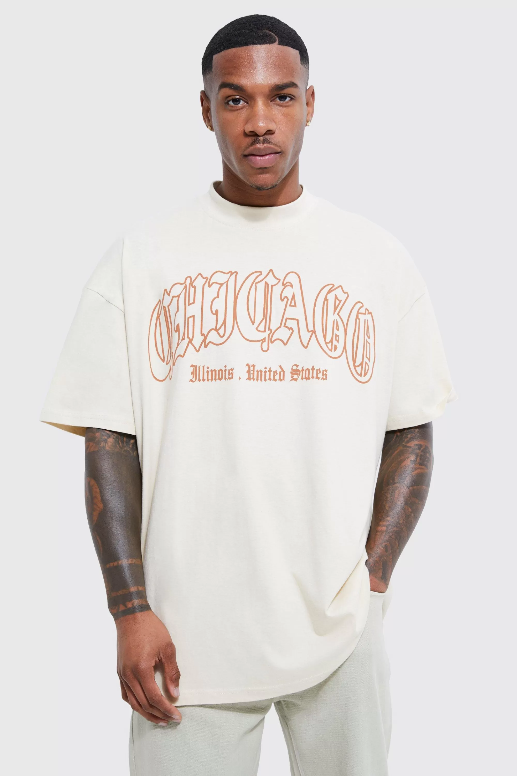 boohooMAN Oversized Chicago Print T-shirt | UK sand Discount