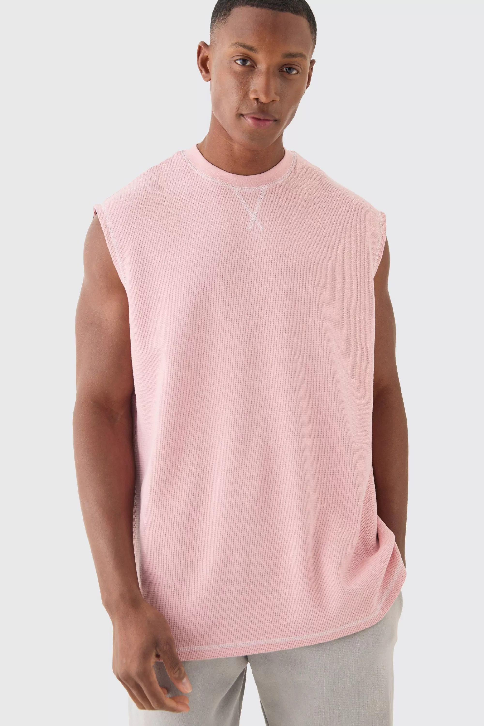 boohooMAN Oversized Contrast Waffle Tank | UK pink Best