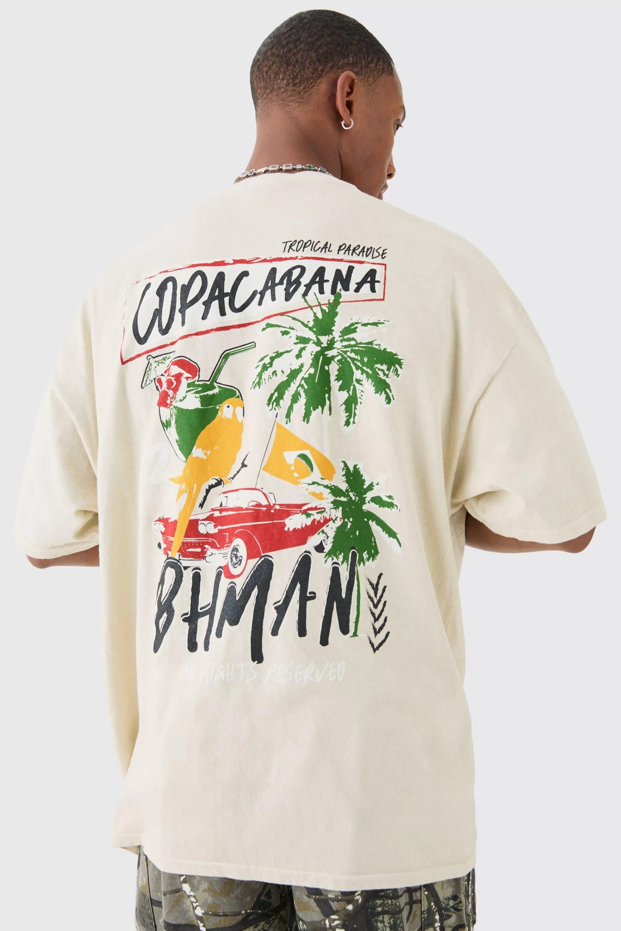boohooMAN Oversized Copacabana Printed Back Print T-shirt | UK sand Discount