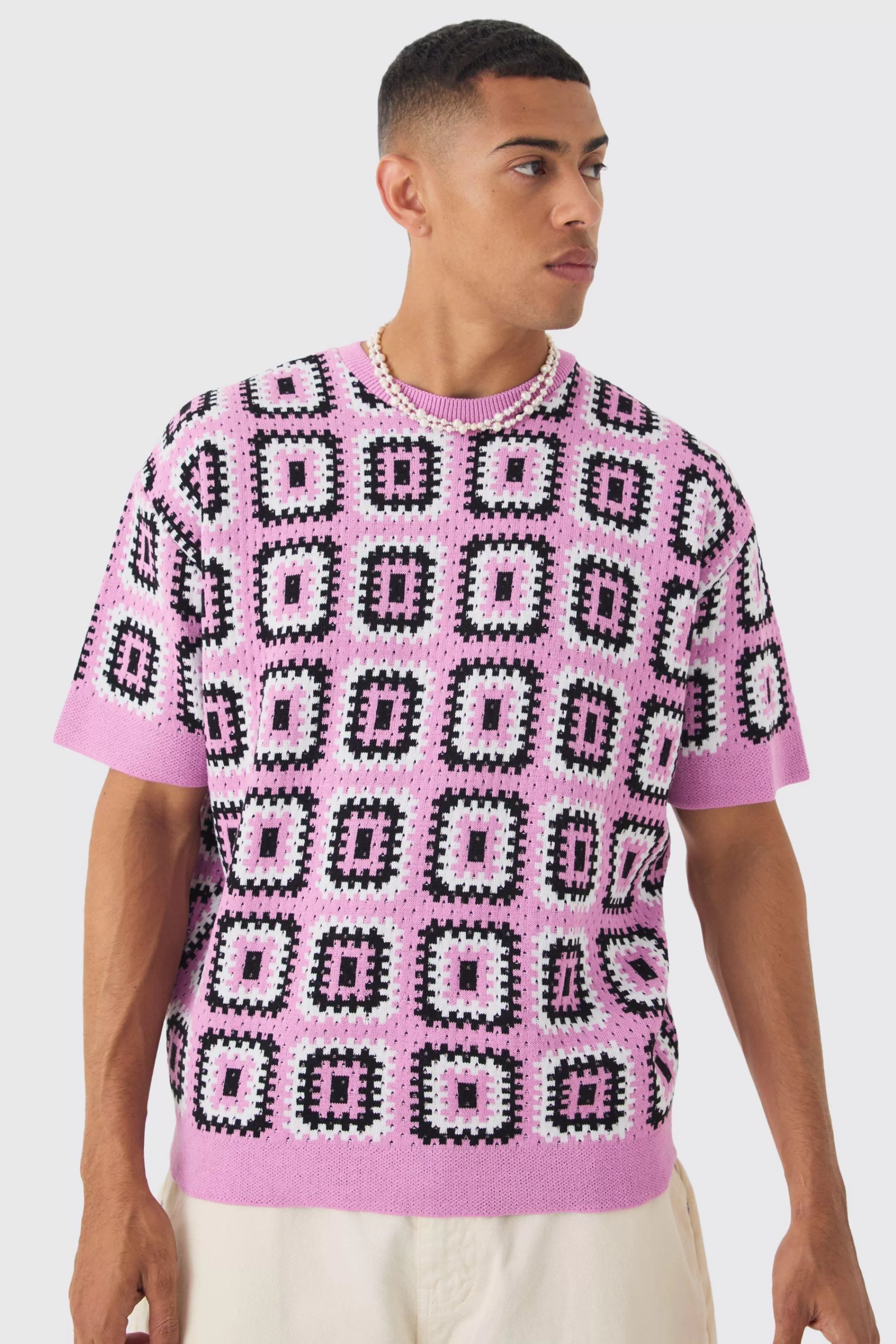 boohooMAN Oversized Crochet Knit T-shirt | UK pink Cheap
