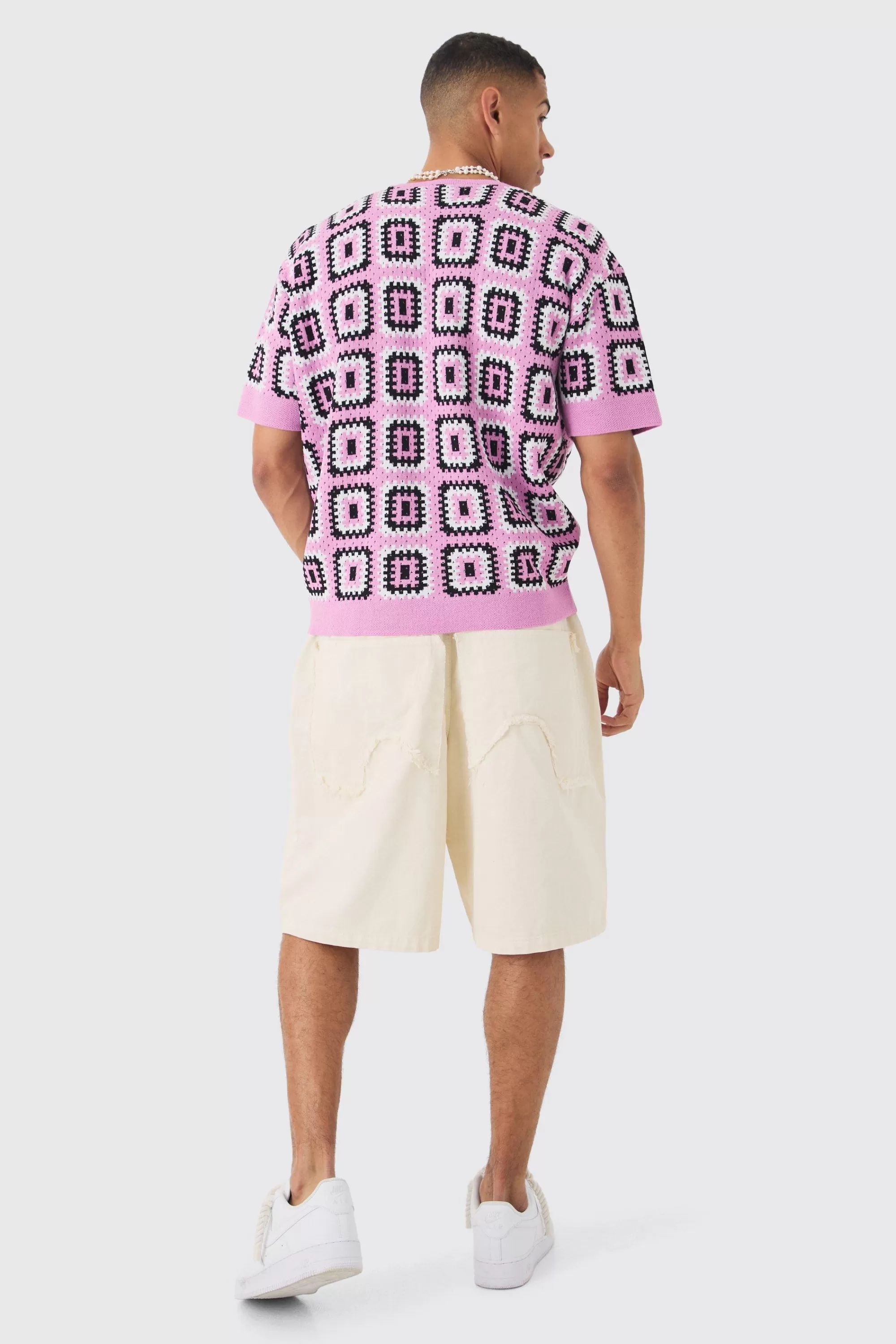 boohooMAN Oversized Crochet Knit T-shirt | UK pink Cheap