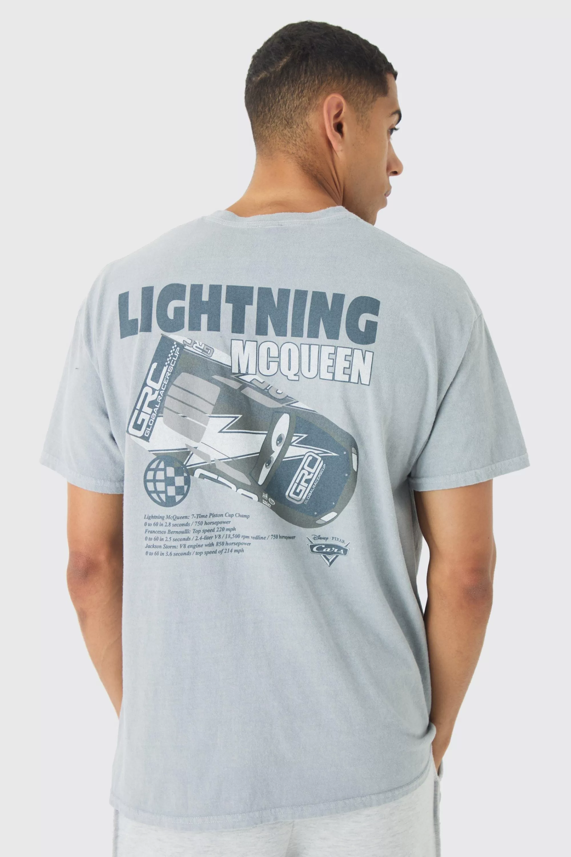 boohooMAN Oversized Disney Cars Wash License Print T-Shirt | UK light grey New