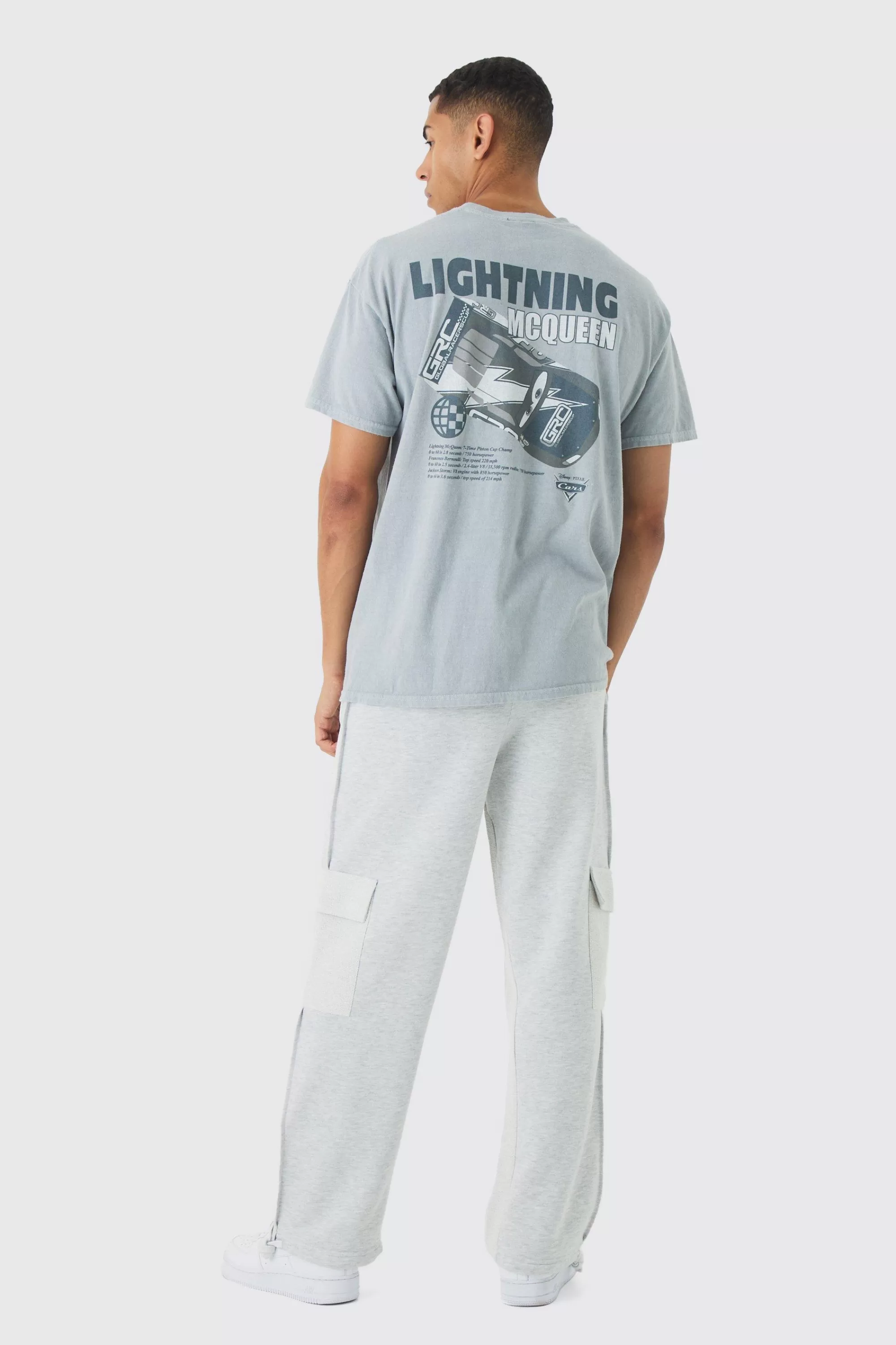 boohooMAN Oversized Disney Cars Wash License Print T-Shirt | UK light grey New