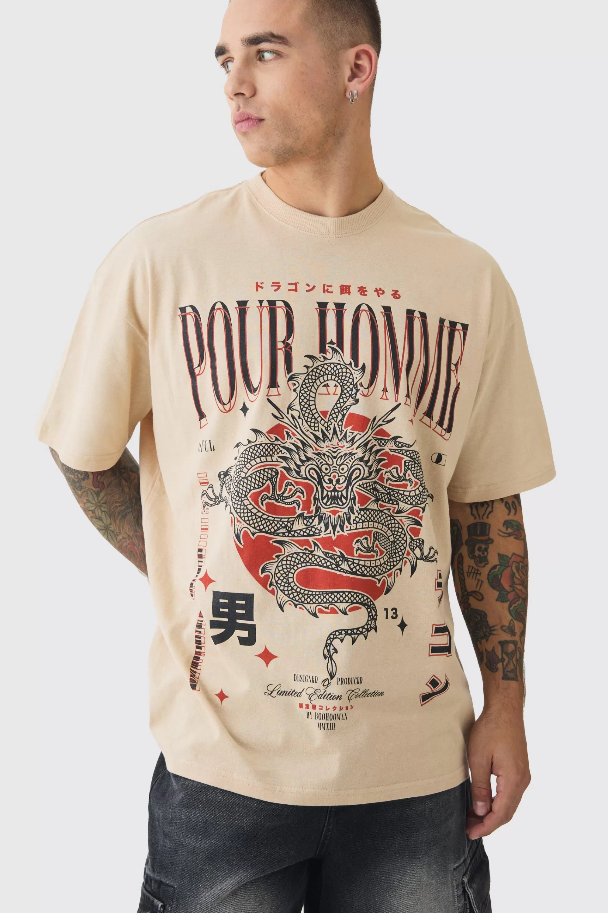 boohooMAN Oversized Dragon Print Wash T-shirt | UK sand Outlet