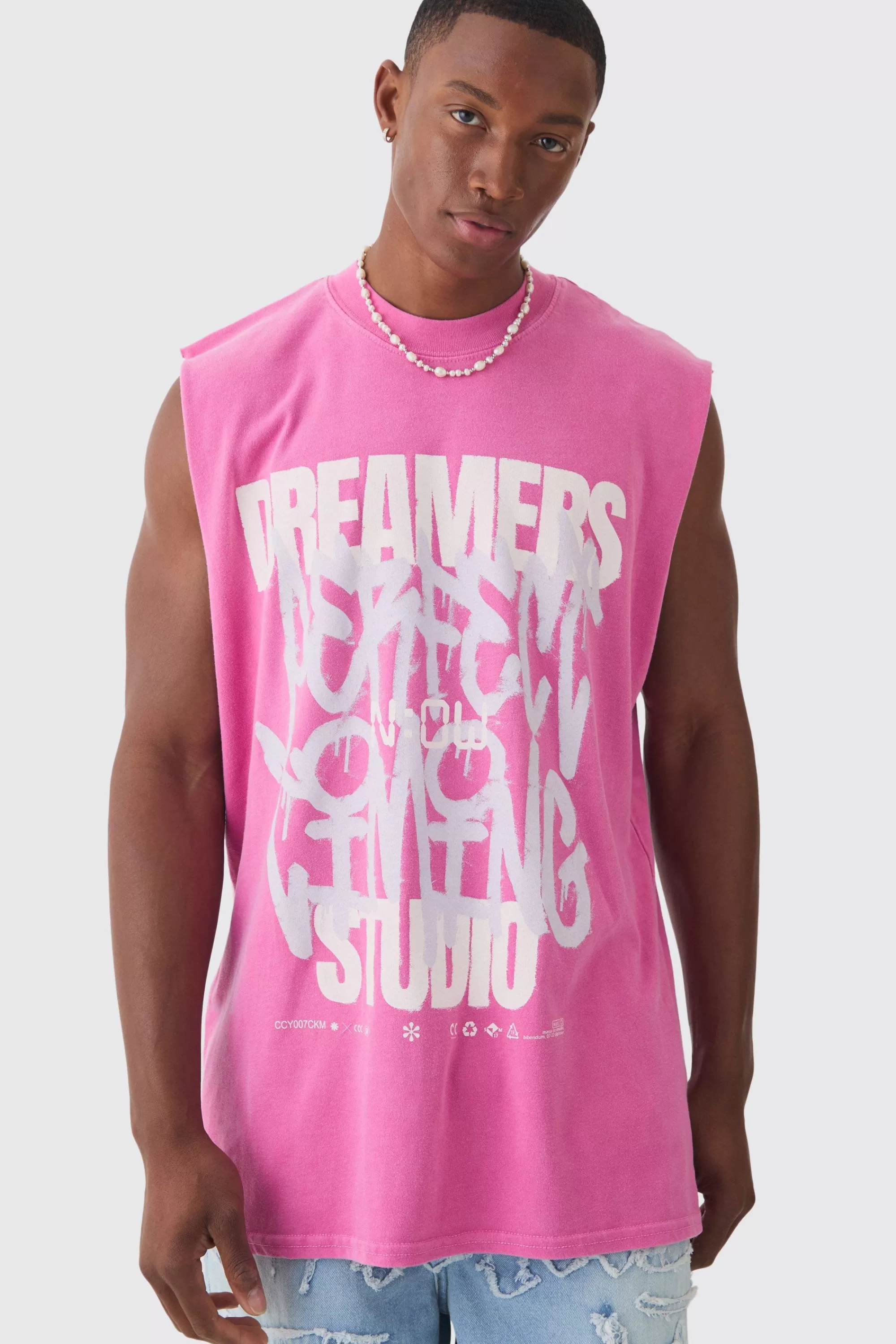 boohooMAN Oversized Dreamers Graffiti Printed Wash Tank | UK pink Cheap