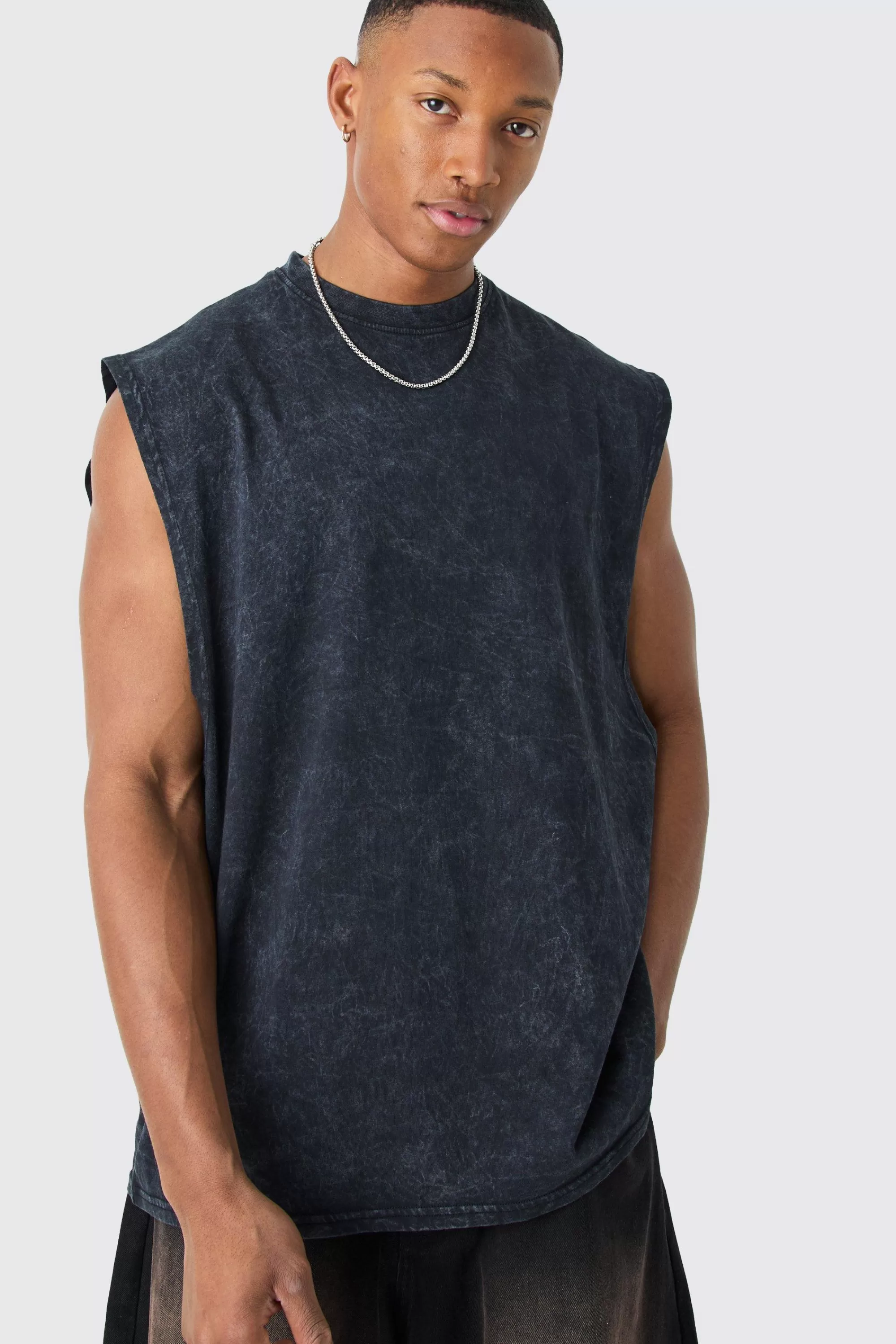 boohooMAN Oversized Drop Armhole Acid Wash Tank | UK charcoal Cheap