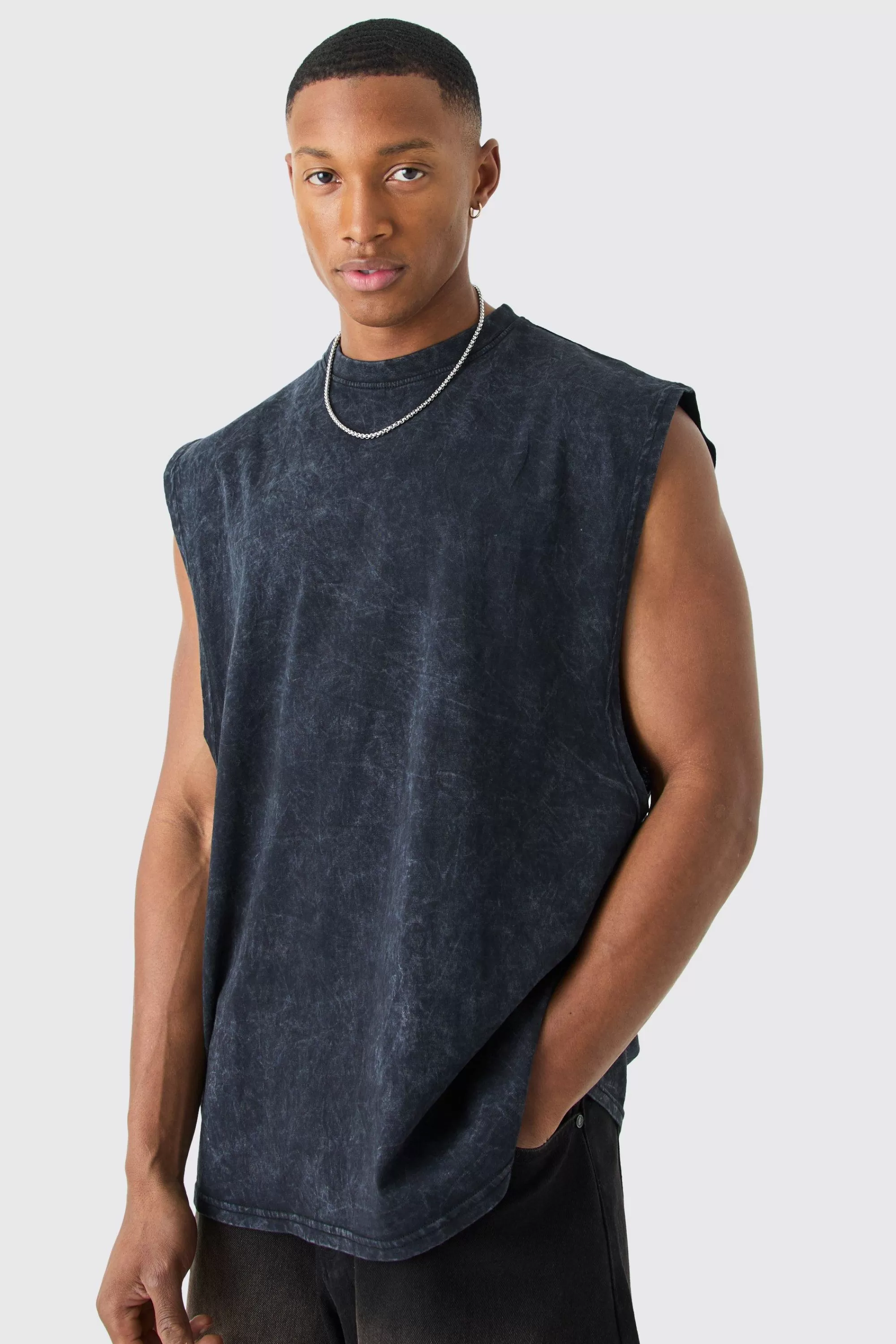 boohooMAN Oversized Drop Armhole Acid Wash Tank | UK charcoal Cheap