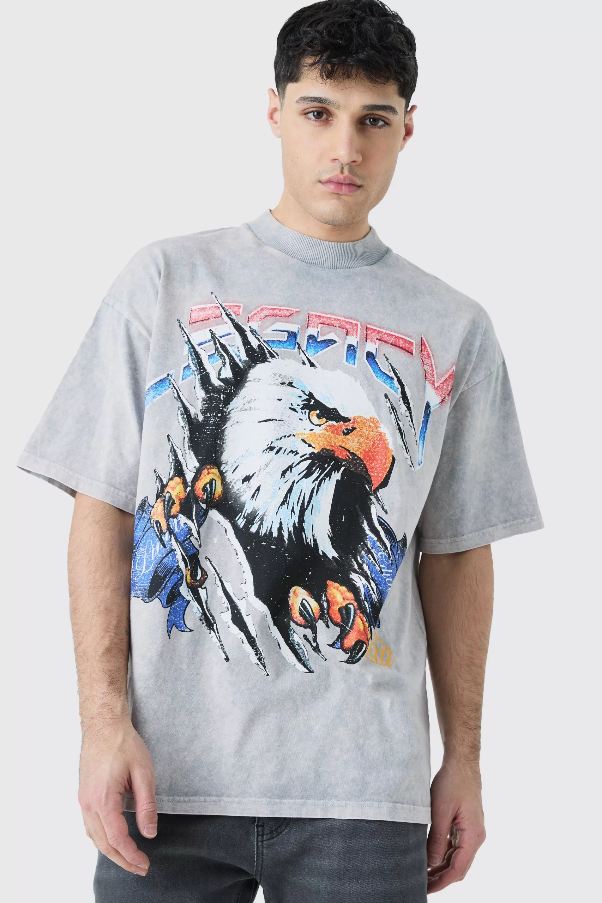 boohooMAN Oversized Eagle Graphic Acid Wash Heavyweight T-shirt | UK light grey Fashion