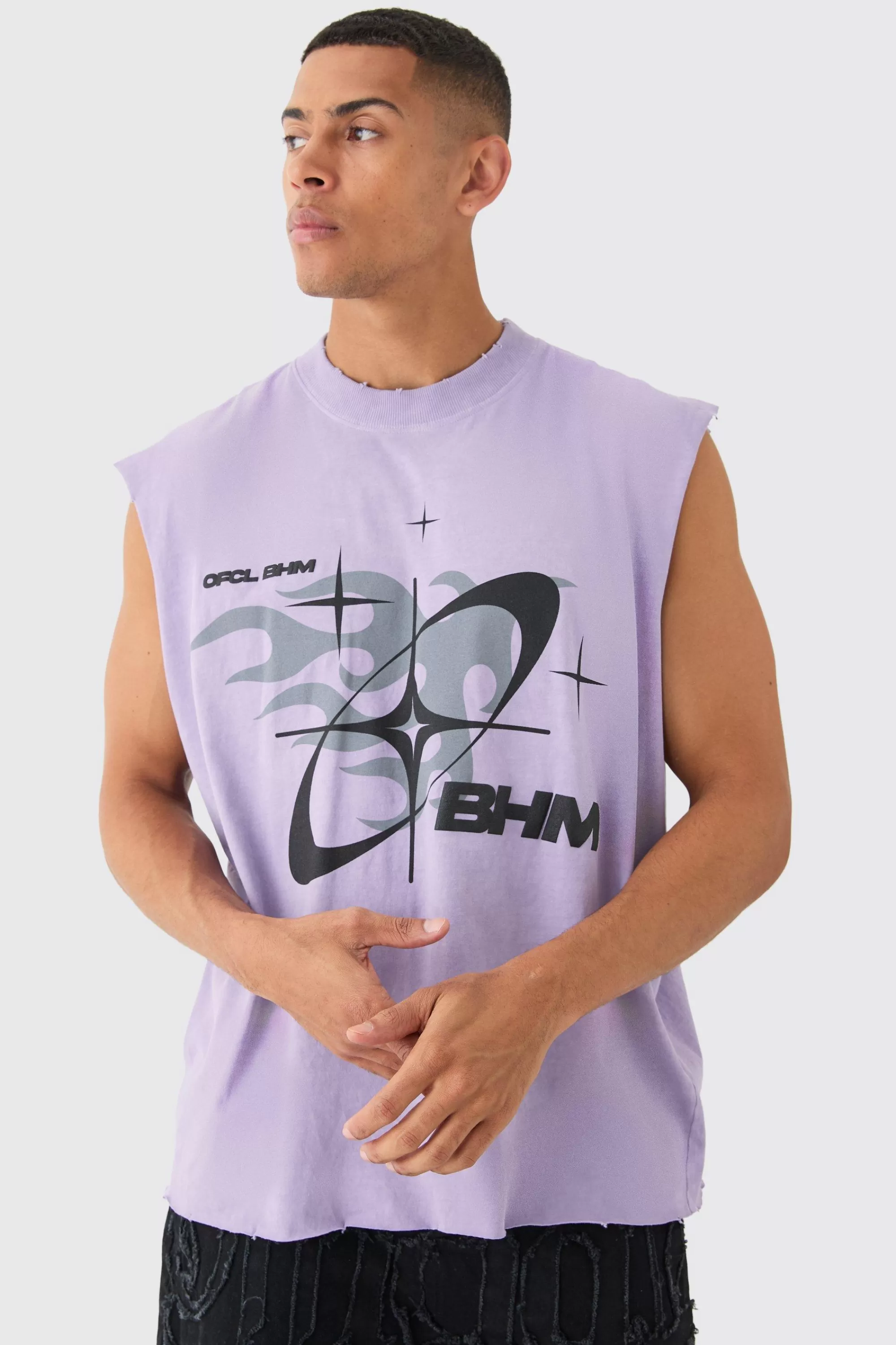 boohooMAN Oversized Extended Neck Boxy Drop Shoulder Washed Tank | UK lilac Outlet