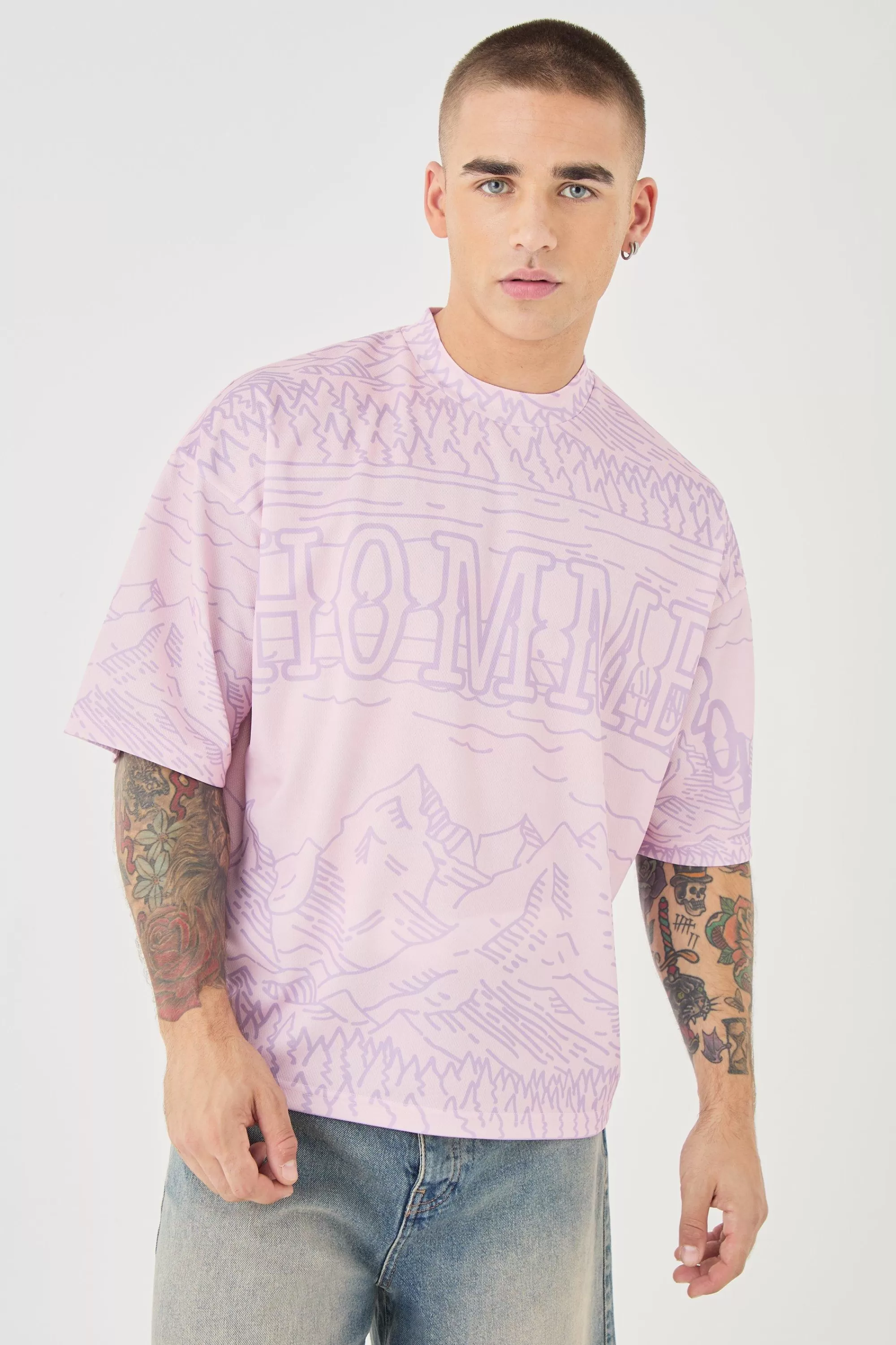 boohooMAN Oversized Extended Neck Boxy Homme Worldwide Mesh Print T-shirt | UK pink Cheap